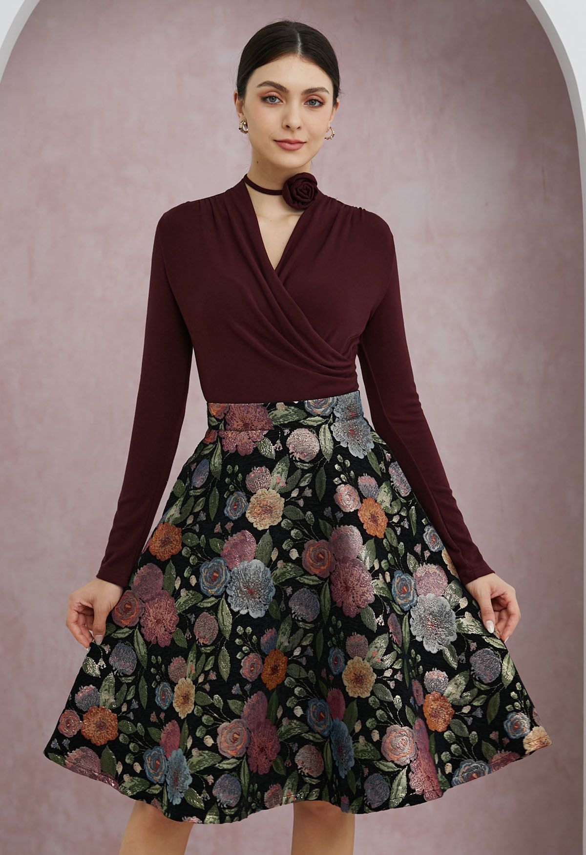 Jacquard-Midirock in A-Linie mit Blumenmuster und Fairy Garden-Motiv