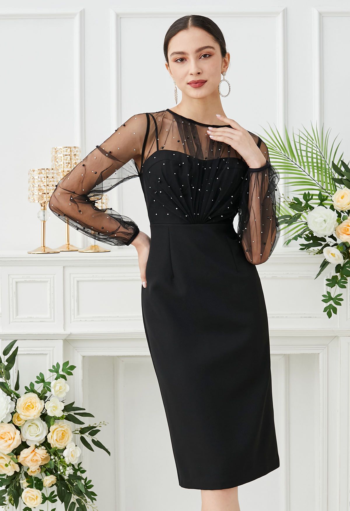 Glamorous – Schwarzes Midikleid aus Netzstoff mit Perlendekor