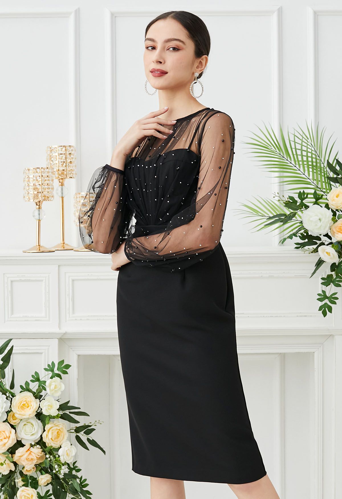 Glamorous – Schwarzes Midikleid aus Netzstoff mit Perlendekor