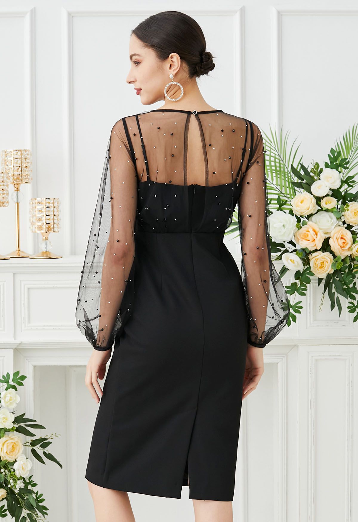 Glamorous – Schwarzes Midikleid aus Netzstoff mit Perlendekor