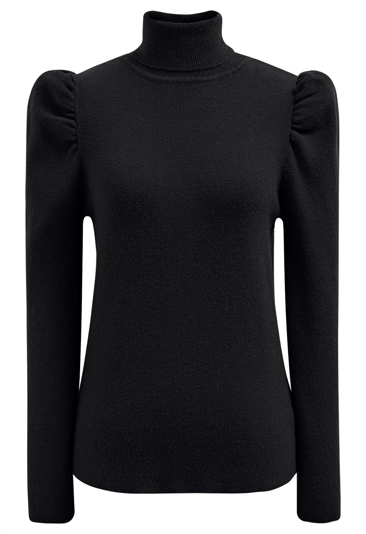 Turtleneck Gigot Sleeve Knit Top in Black