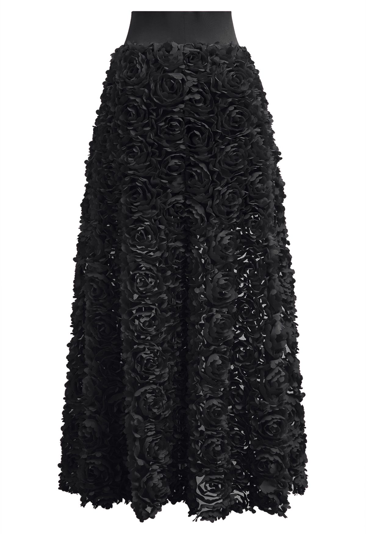 Rose Petal Embellished Mesh Maxi Skirt in Black