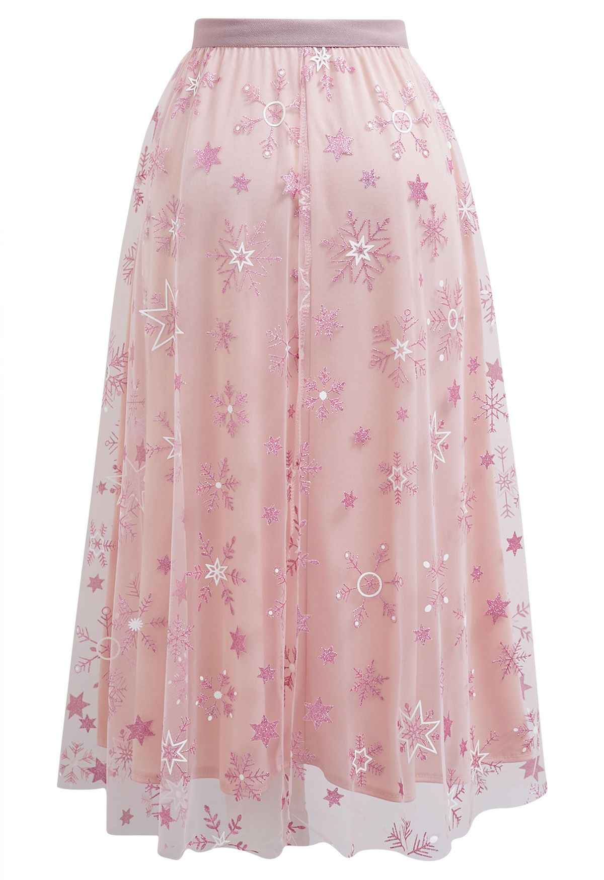 Glitter Star Snowflake Mesh Tulle Midi Skirt in Pink