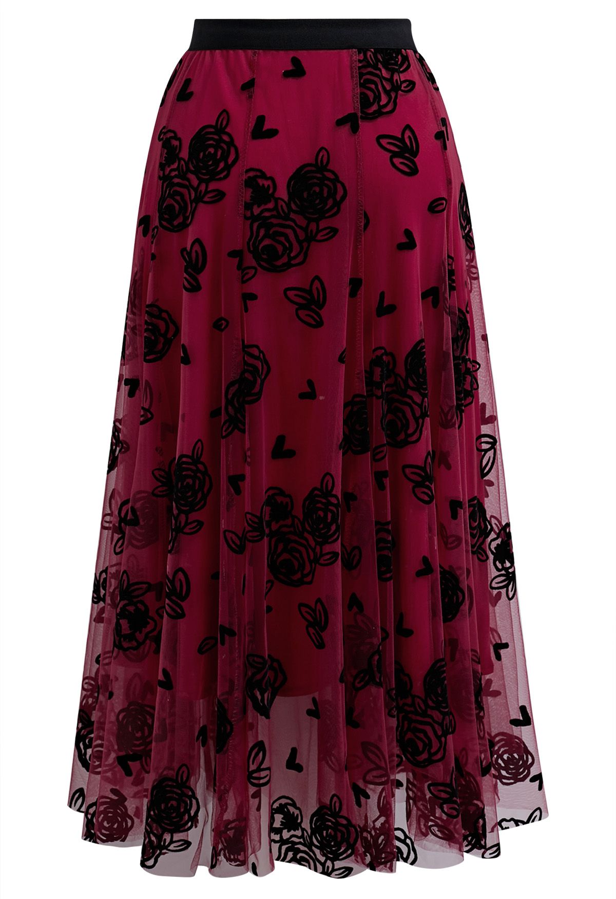 3D Rose and Heart Mesh Midi Skirt in Red