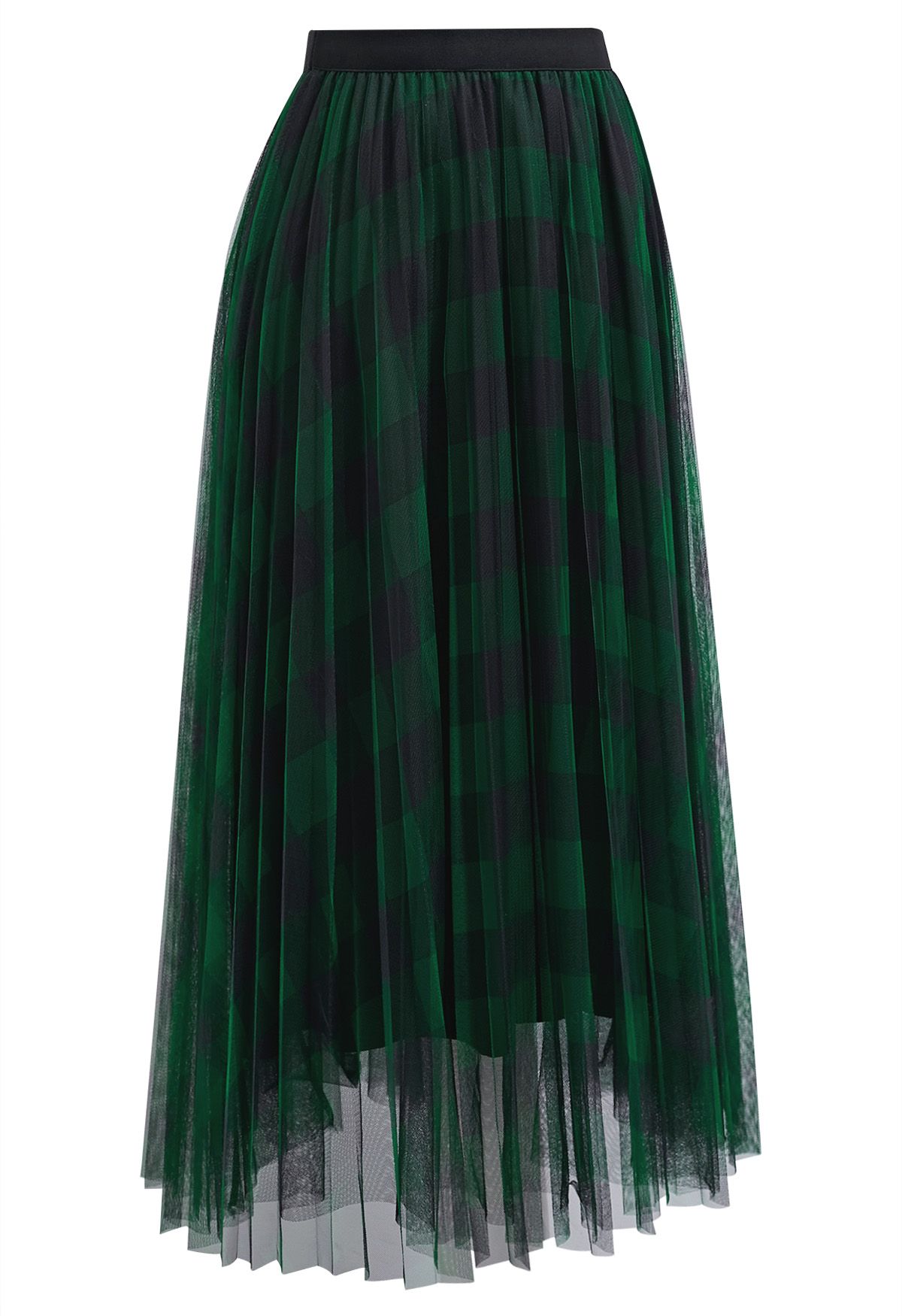 Bold Checks Double-Layered Mesh Midi Skirt in Green