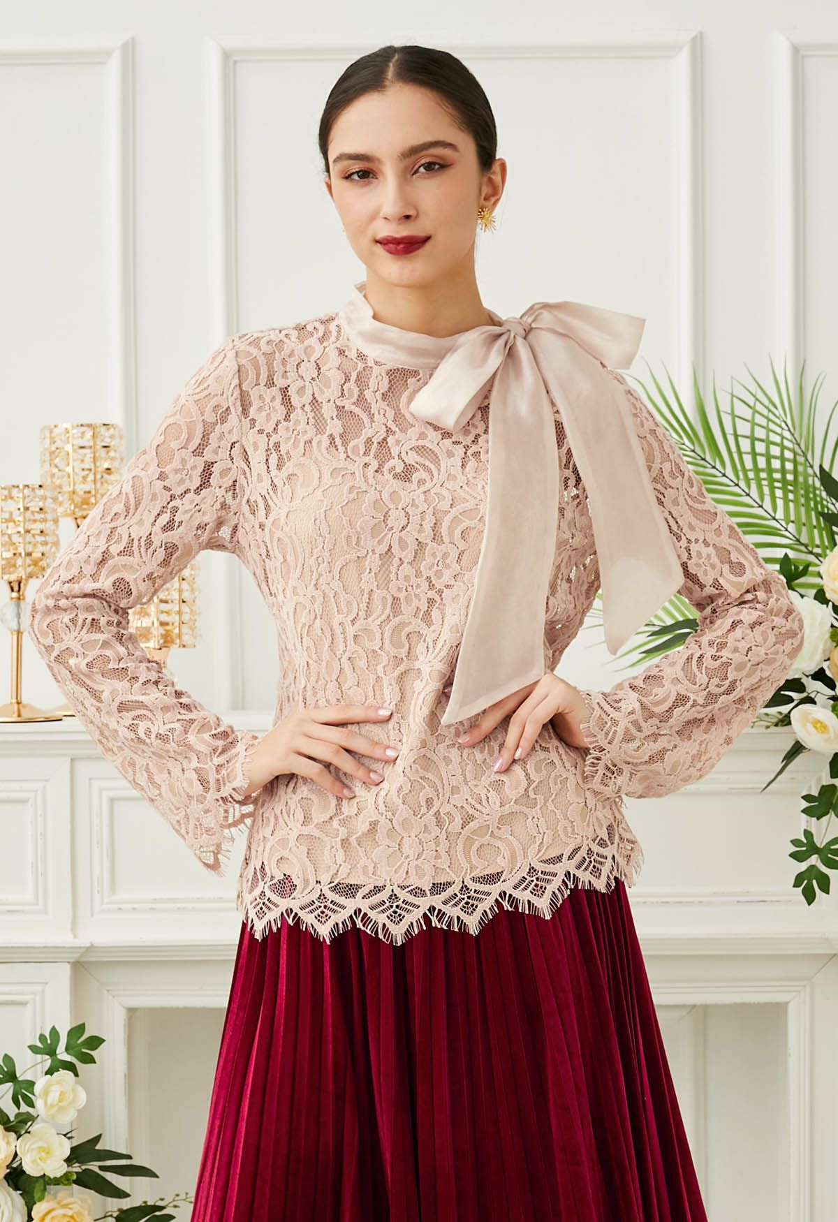 Side Bowknot Full Lace Top in Dusty Pink