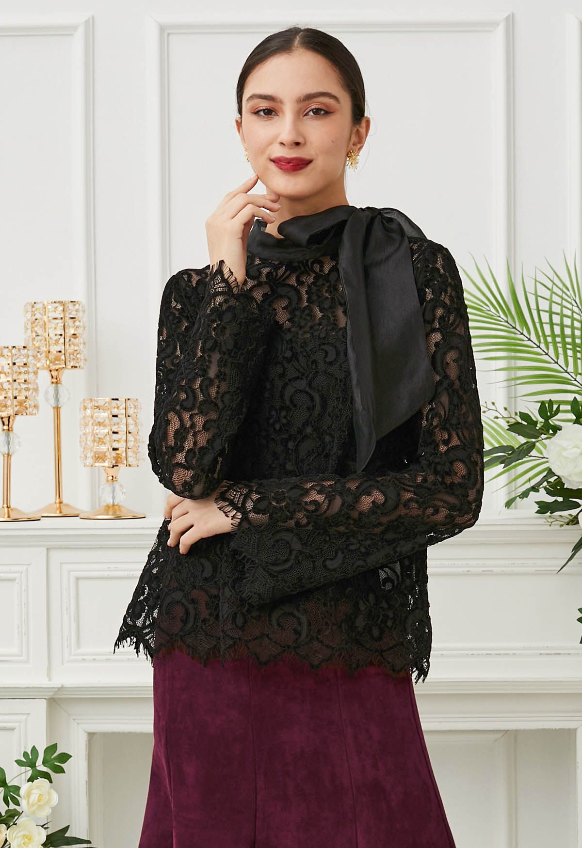 Side Bowknot Full Lace Top in Black