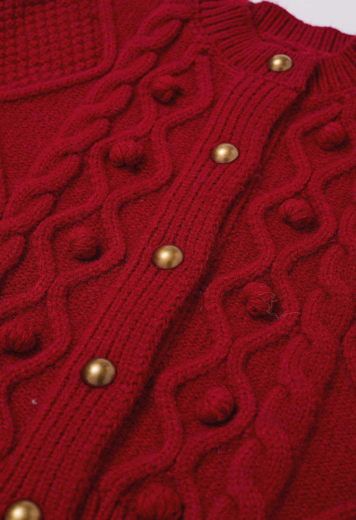 Euphoric – Kurzer Cardigan aus Waffelstrick mit Pom-Pom-Muster in Rot