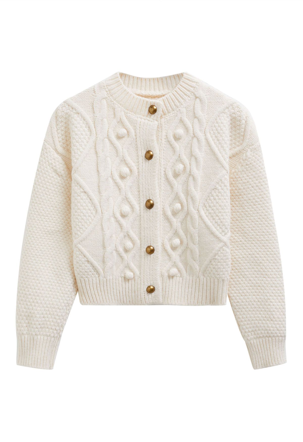 Euphoric – Kurzer Cardigan aus Waffelstrick mit Pom-Pom-Muster in Elfenbein