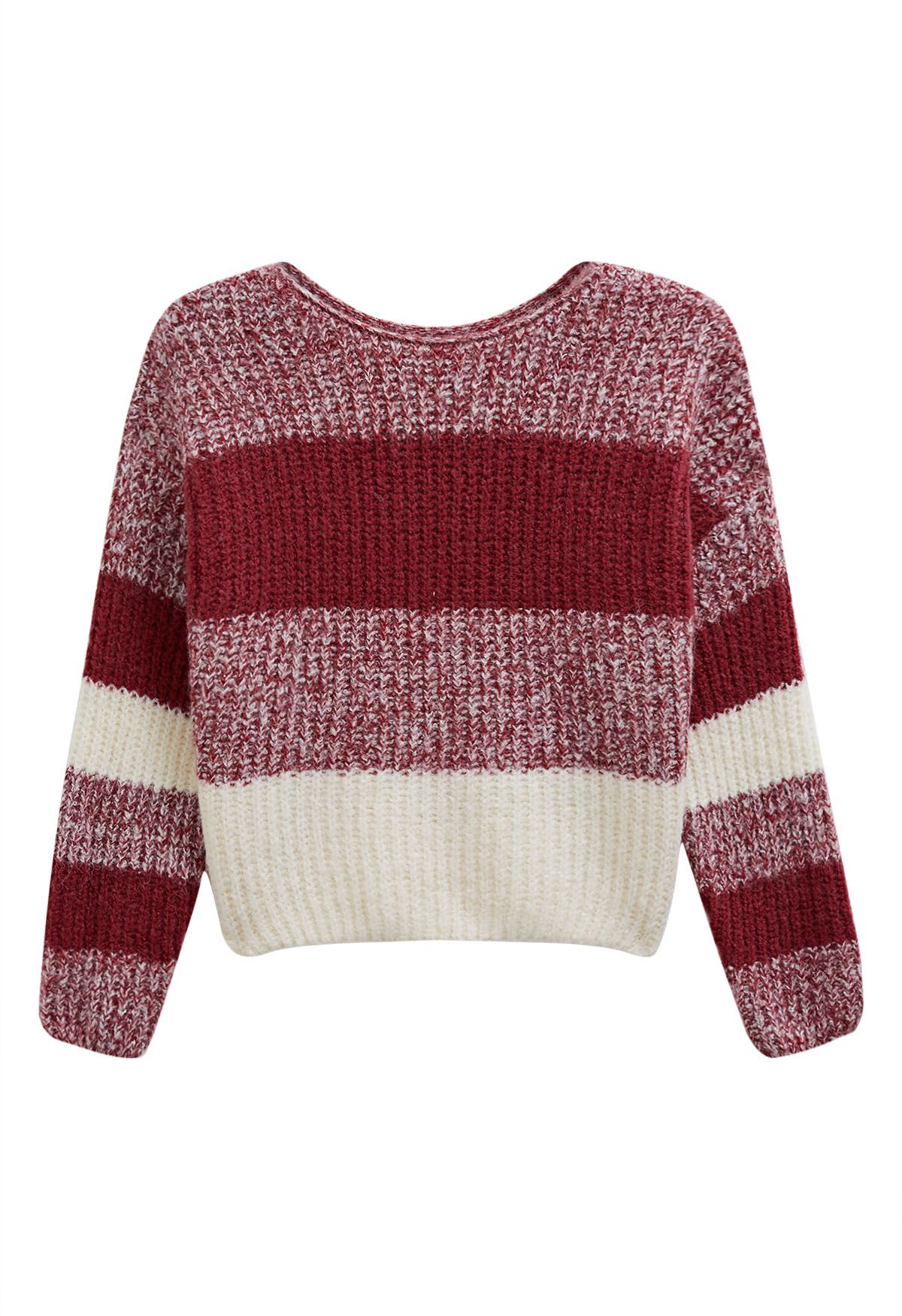 Flauschiger Rippstrickpullover mit Kontraststreifen in Rot