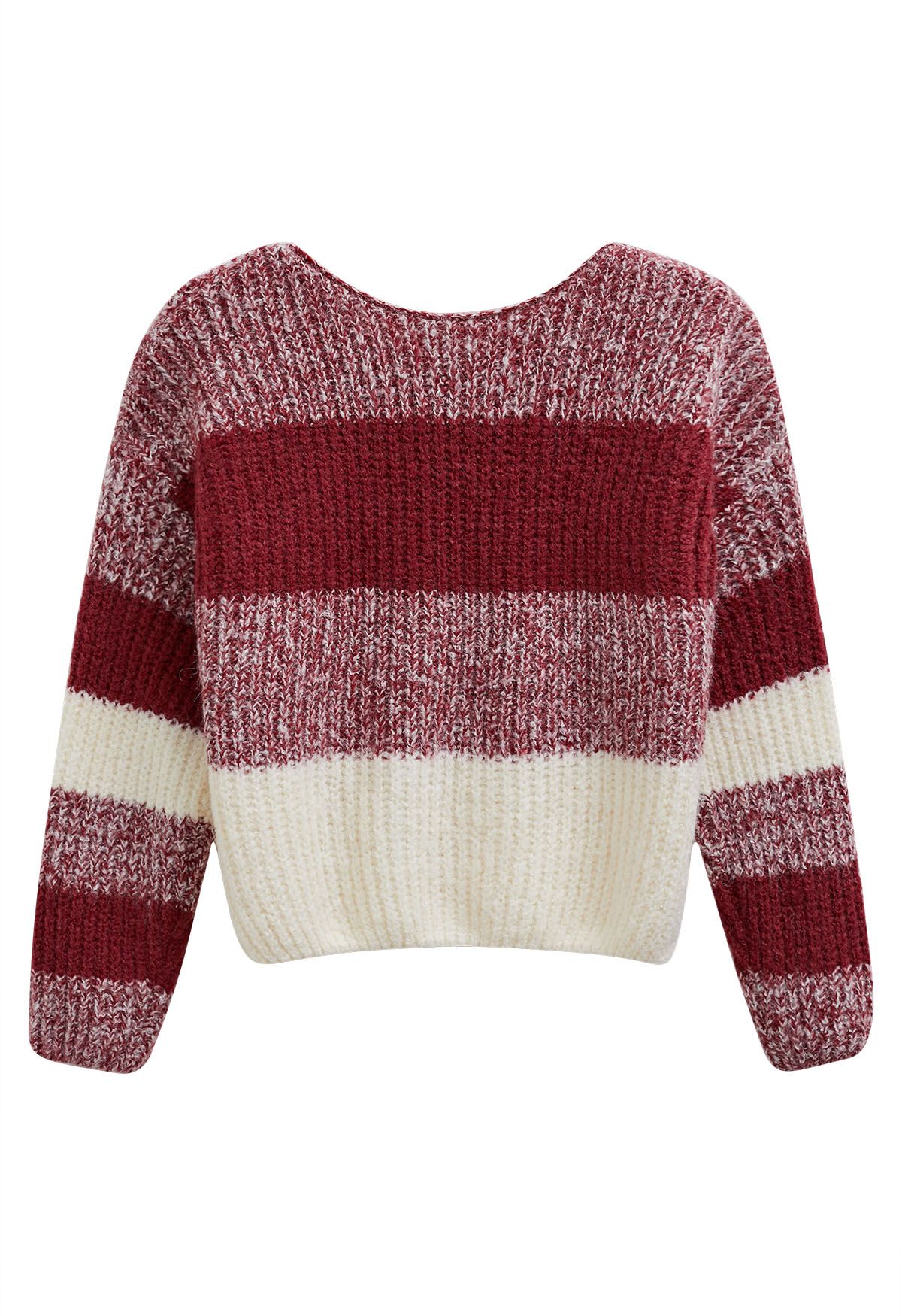 Flauschiger Rippstrickpullover mit Kontraststreifen in Rot