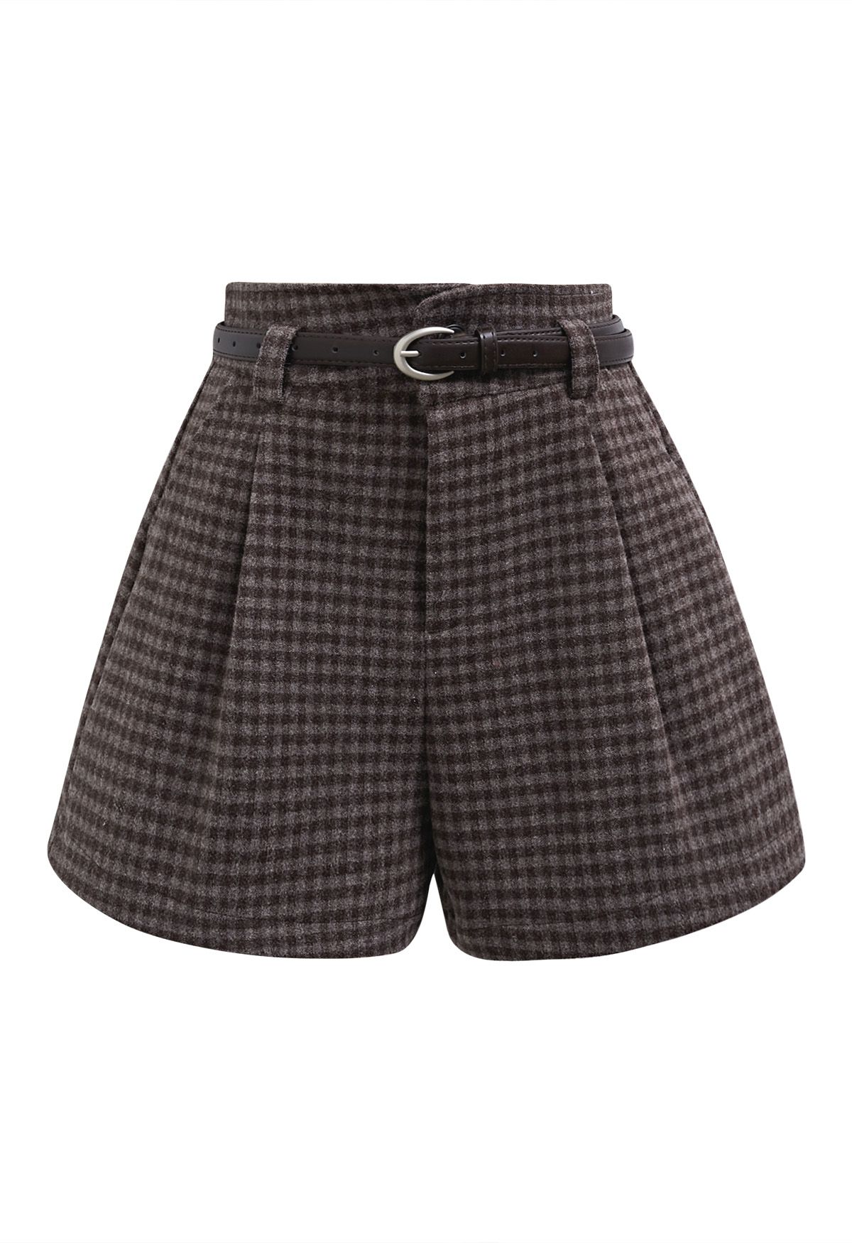 Lights on You – Braune Shorts mit Gingham-Gürtel