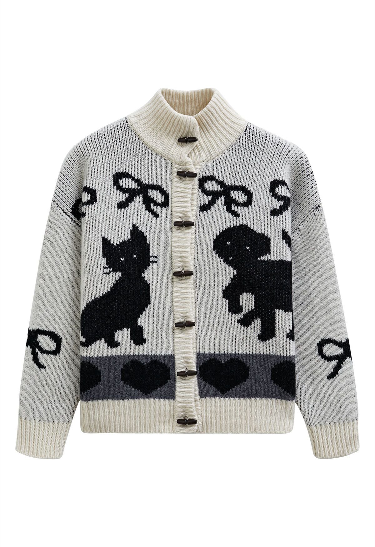 Bubbly Animal Button-Down-Cardigan aus gerippter Wolle in Elfenbein