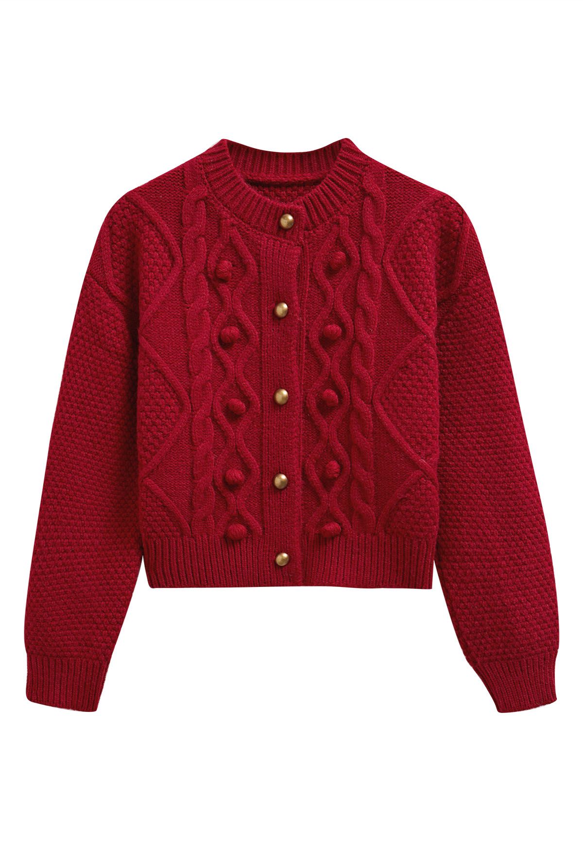 Euphoric – Kurzer Cardigan aus Waffelstrick mit Pom-Pom-Muster in Rot