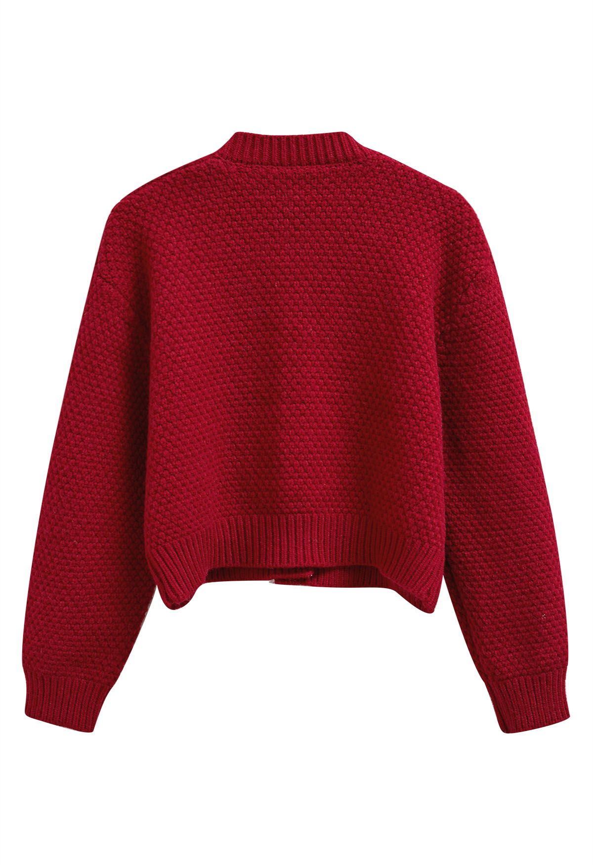 Euphoric – Kurzer Cardigan aus Waffelstrick mit Pom-Pom-Muster in Rot