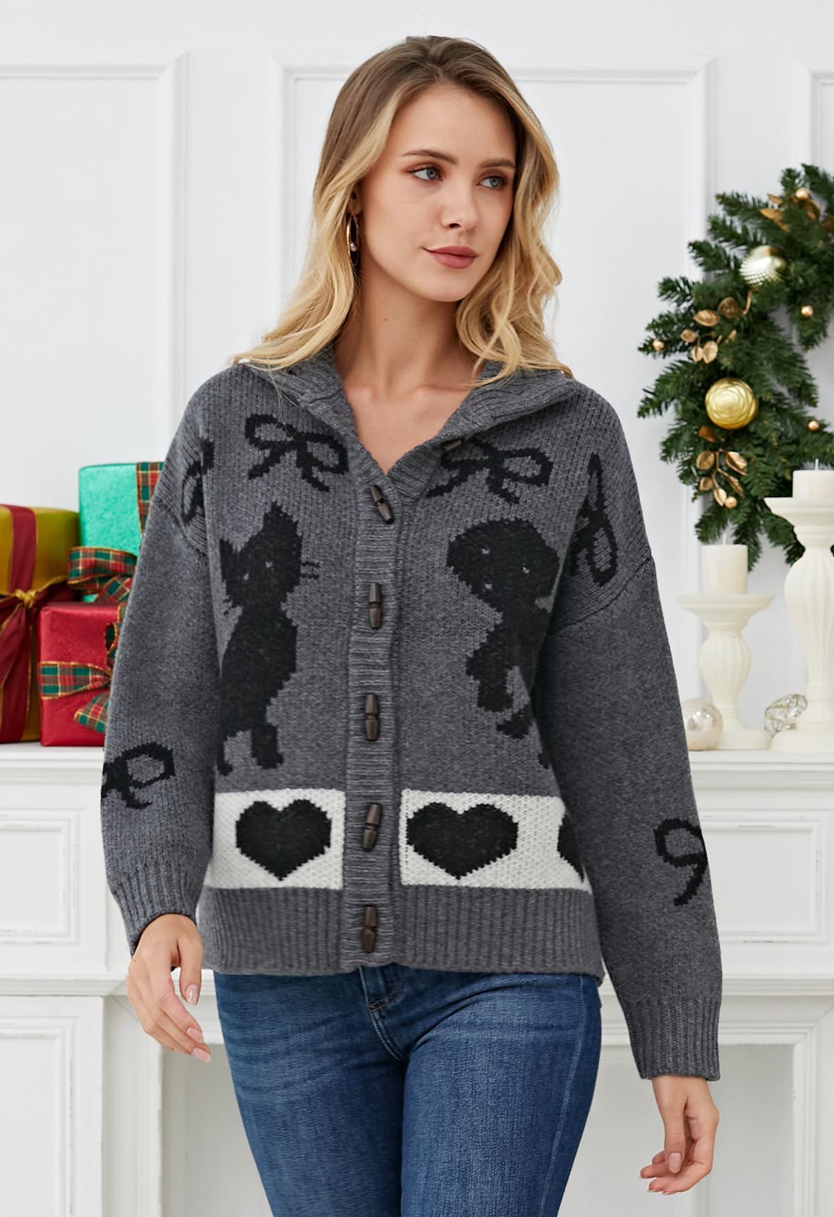 Bubbly Animal – Gerippte Woll-Cardigan mit Knopfleiste in Rauch