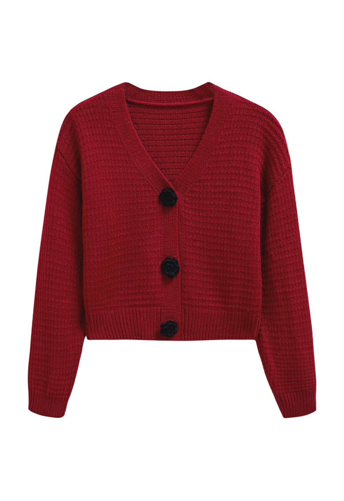 Stitch Rose – Kurze Strickjacke mit Knöpfen in Rot