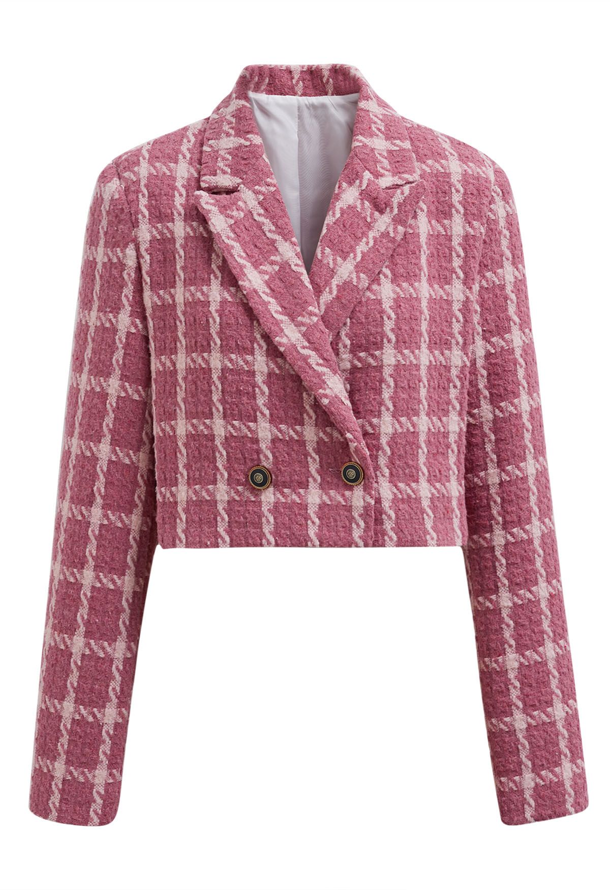 Kurzer Blazer aus kariertem Tweed mit gepolsterten Schultern in Rosa