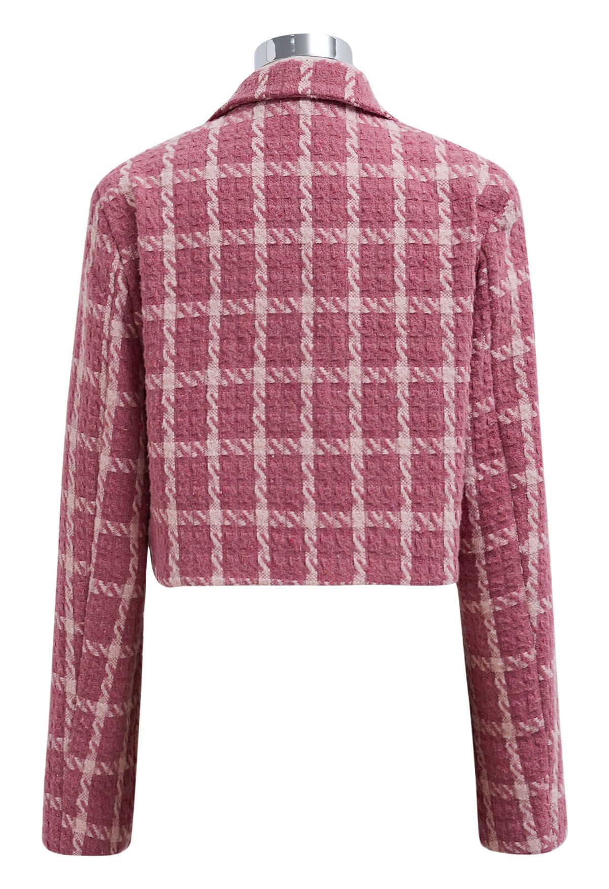 Kurzer Blazer aus kariertem Tweed mit gepolsterten Schultern in Rosa