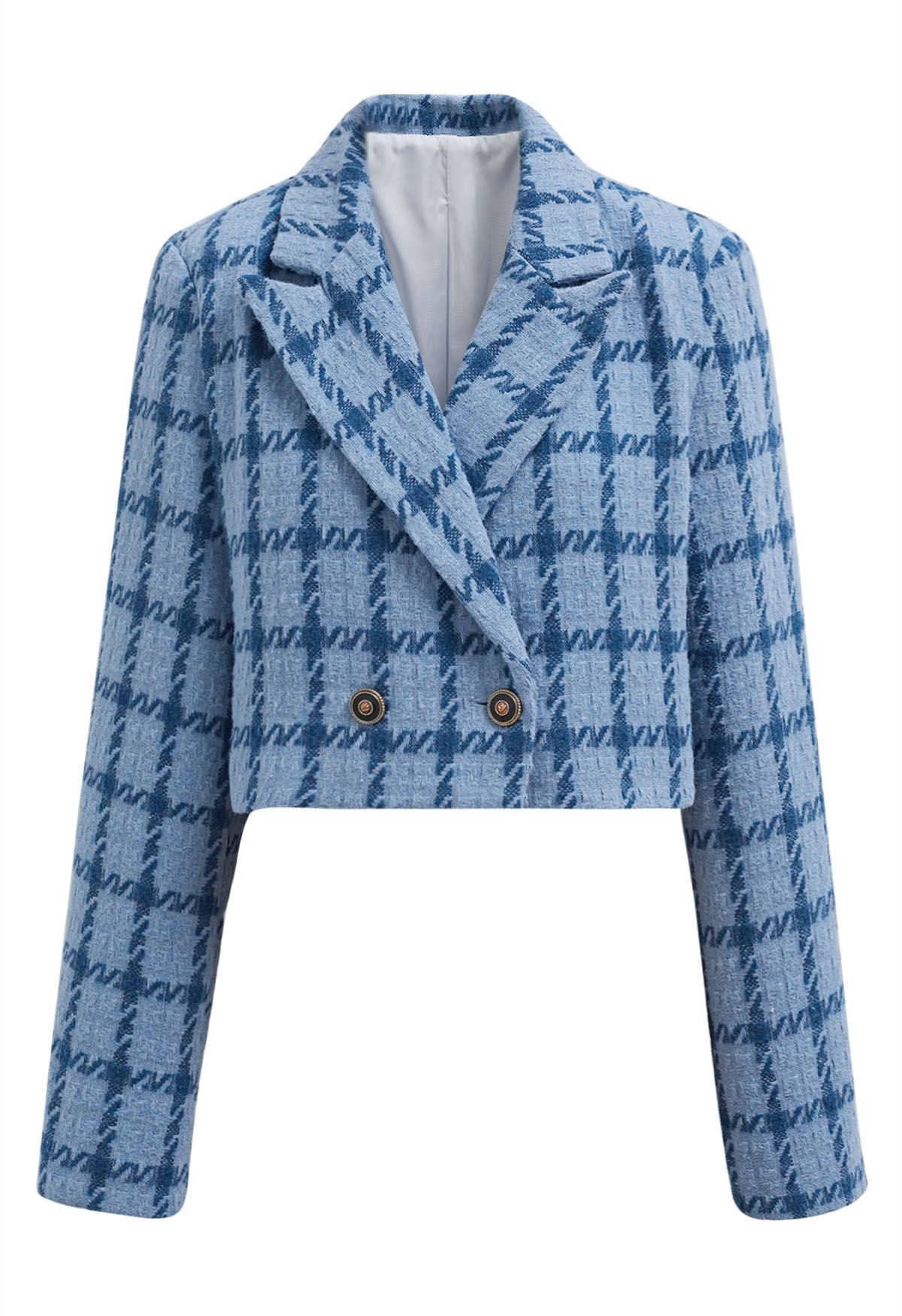 Kurzer Blazer aus kariertem Tweed mit gepolsterten Schultern in Blau