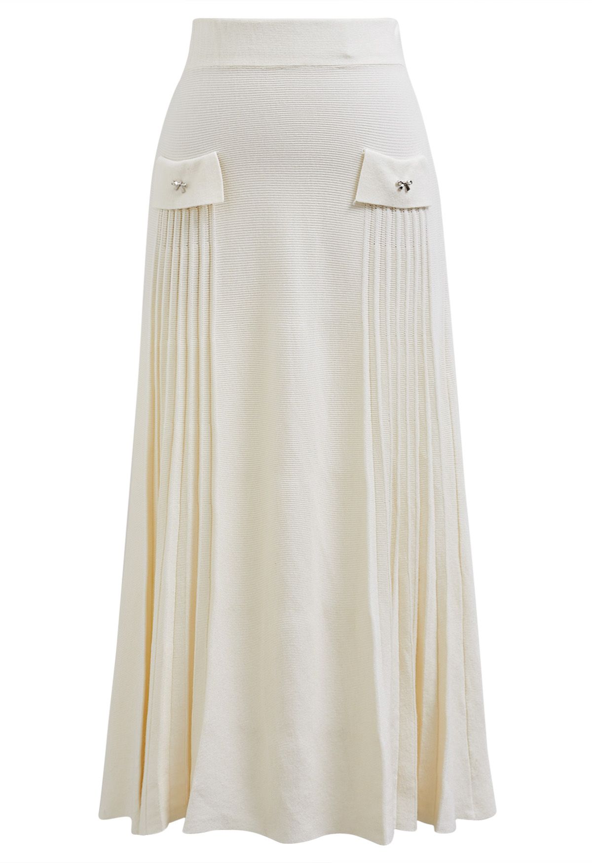 Mit kleiner Schleife verzierter Maxi-Faltenstrickrock in Creme