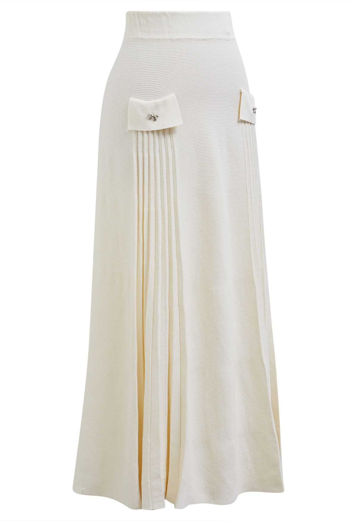 Mit kleiner Schleife verzierter Maxi-Faltenstrickrock in Creme