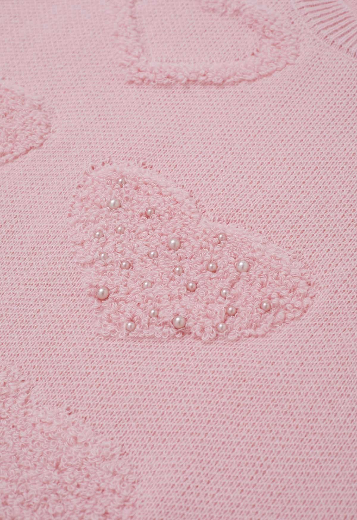 Übergroßer Jacquard-Strickpullover mit Perlenbesatz und Herzen in Rosa