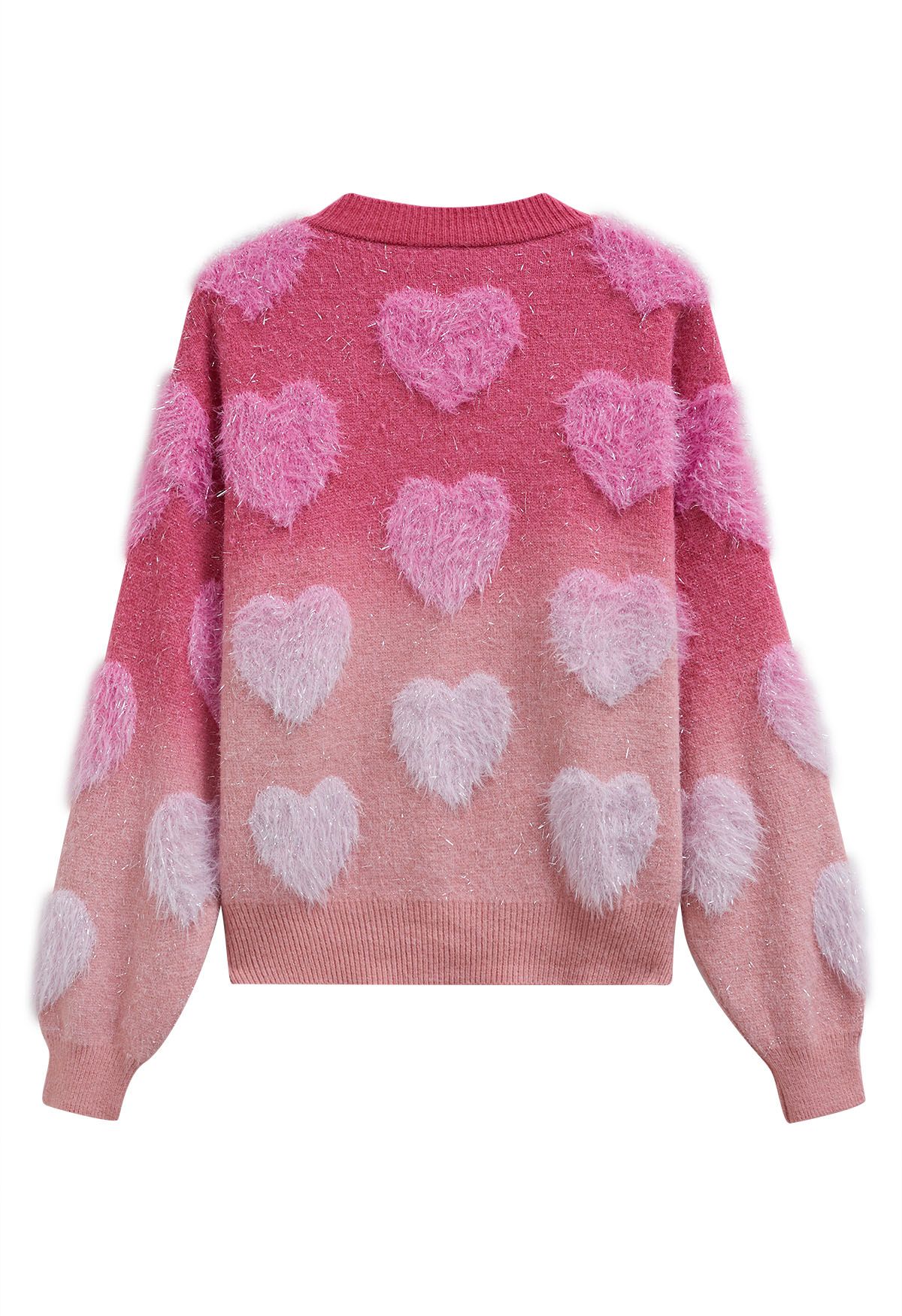 Ombre Fuzzy Heart Fransen Strickpullover in Pink