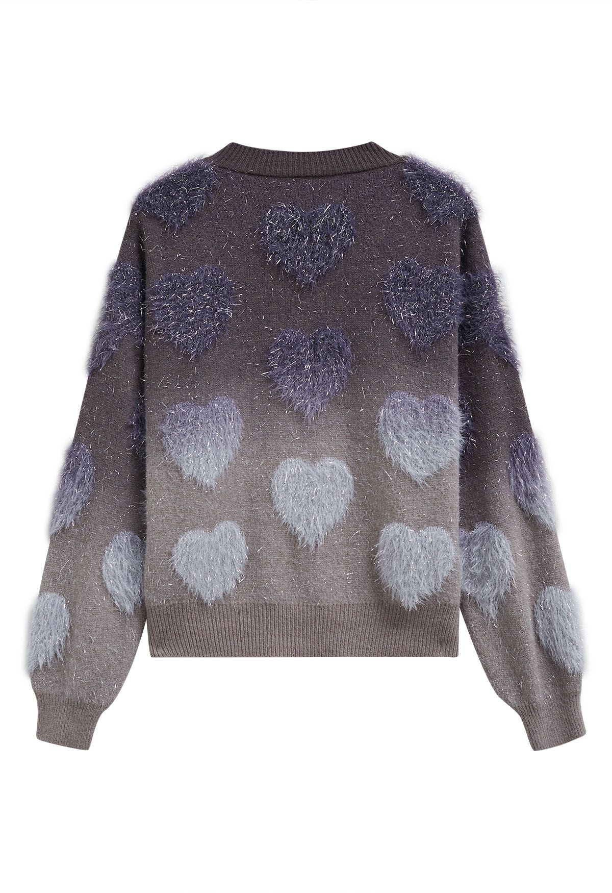 Ombre Fuzzy Heart Fransen Strickpullover in Rauch