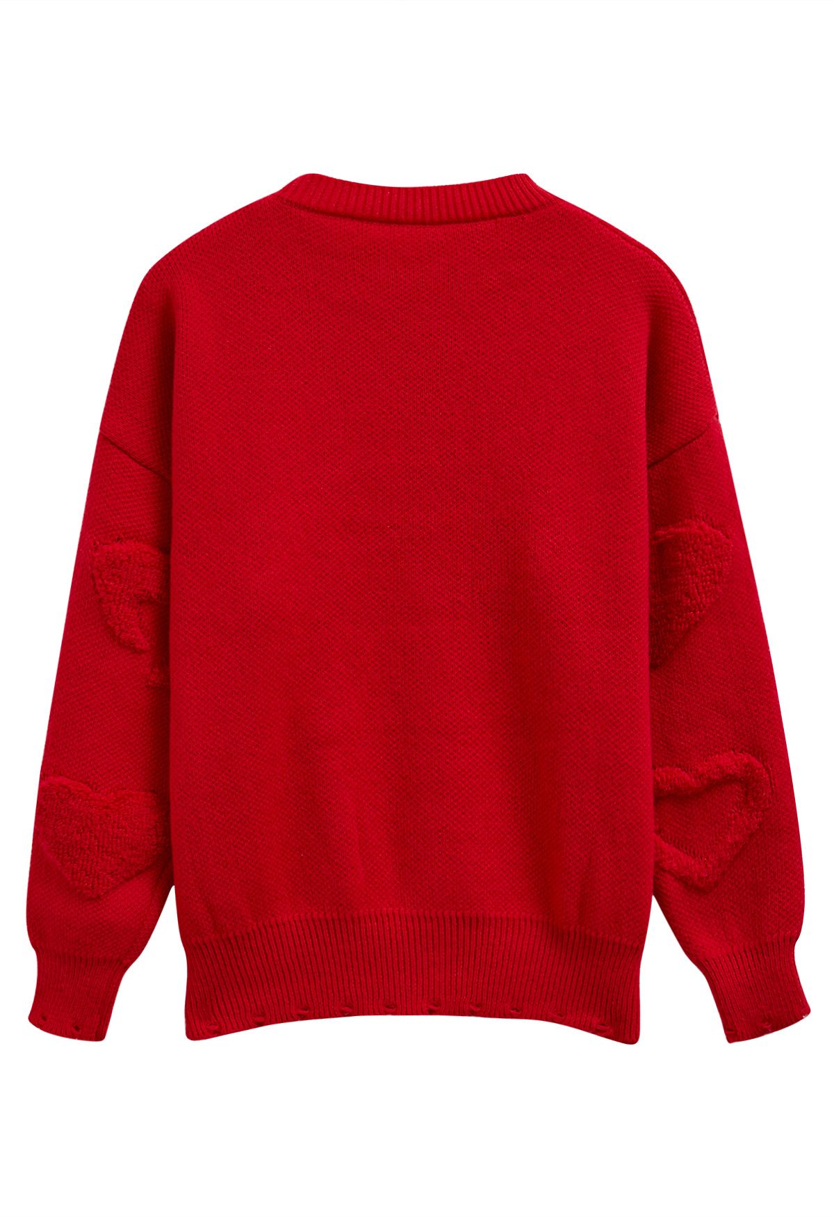 Übergroßer Jacquard-Strickpullover mit Perlenbesatz und Herzen in Rot