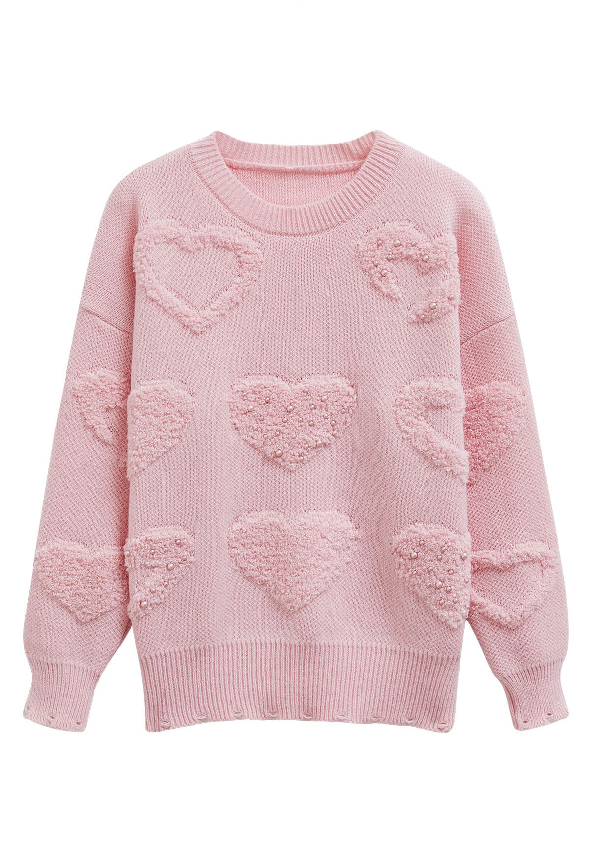 Übergroßer Jacquard-Strickpullover mit Perlenbesatz und Herzen in Rosa