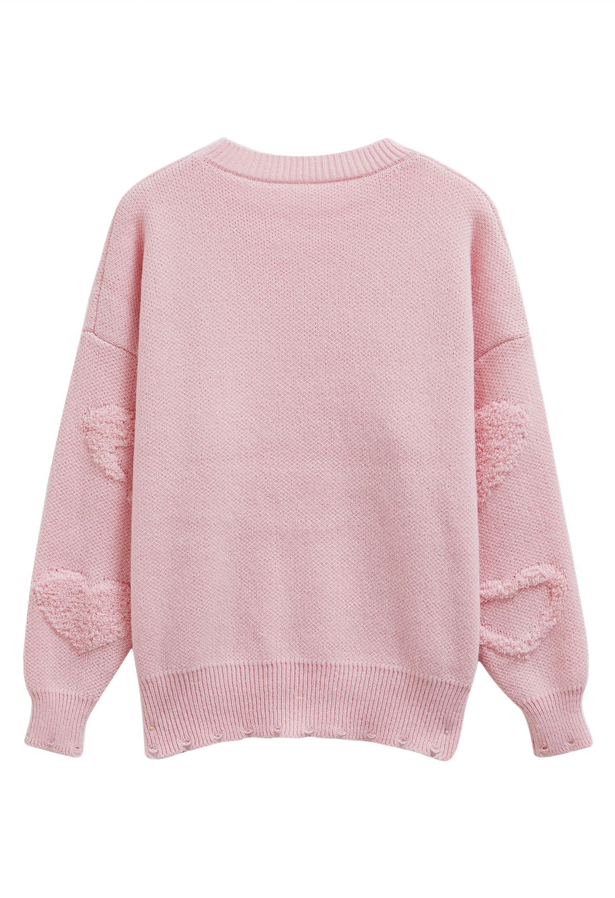 Übergroßer Jacquard-Strickpullover mit Perlenbesatz und Herzen in Rosa