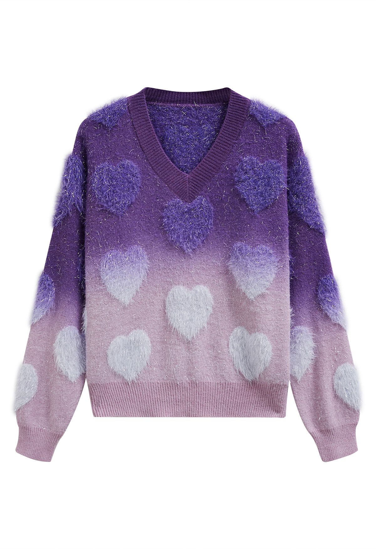 Ombre Fuzzy Heart Fransen Strickpullover in Lila