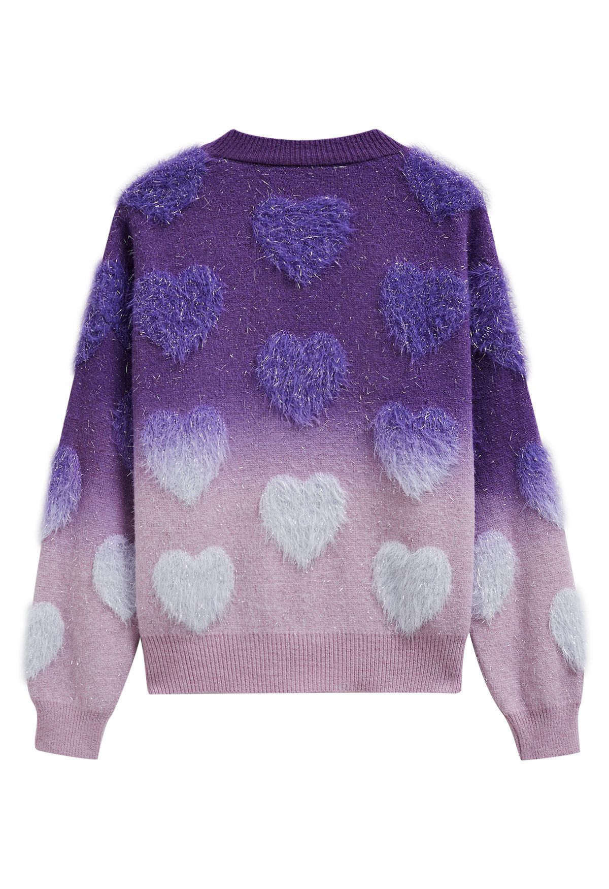 Ombre Fuzzy Heart Fransen Strickpullover in Lila