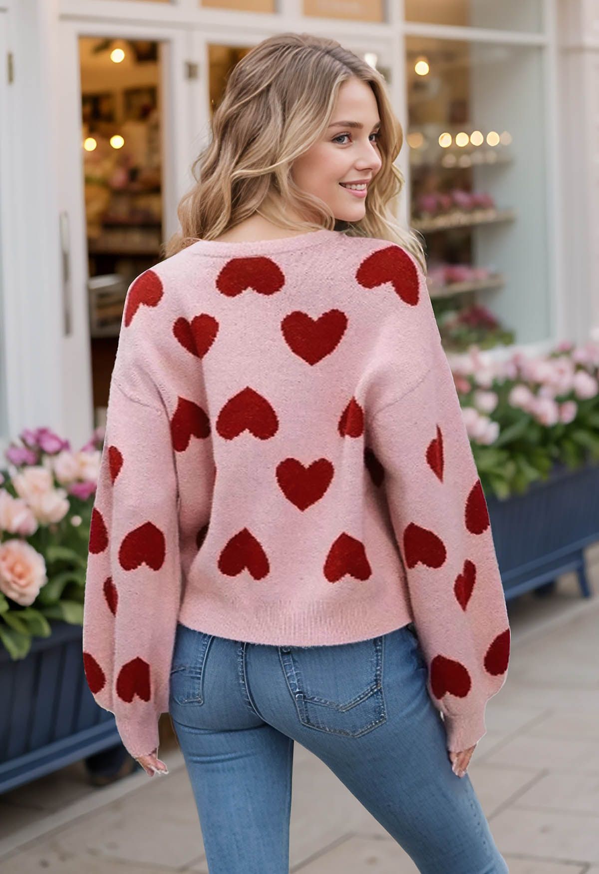 Cherished Heart – Strickpullover mit Puffärmeln in Altrosa