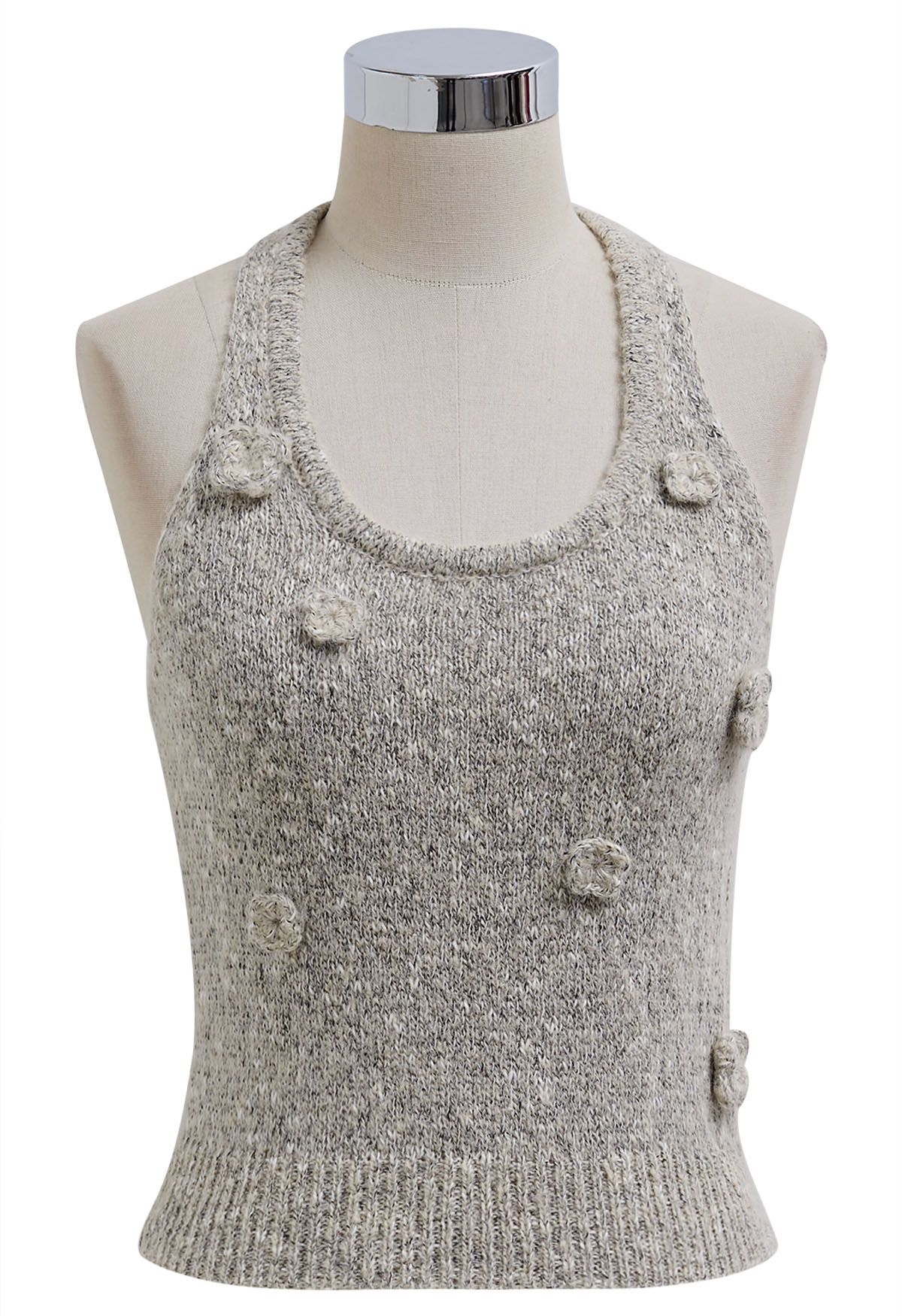 Zweiteiliges Neckholder-Crop-Stricktop in Taupe