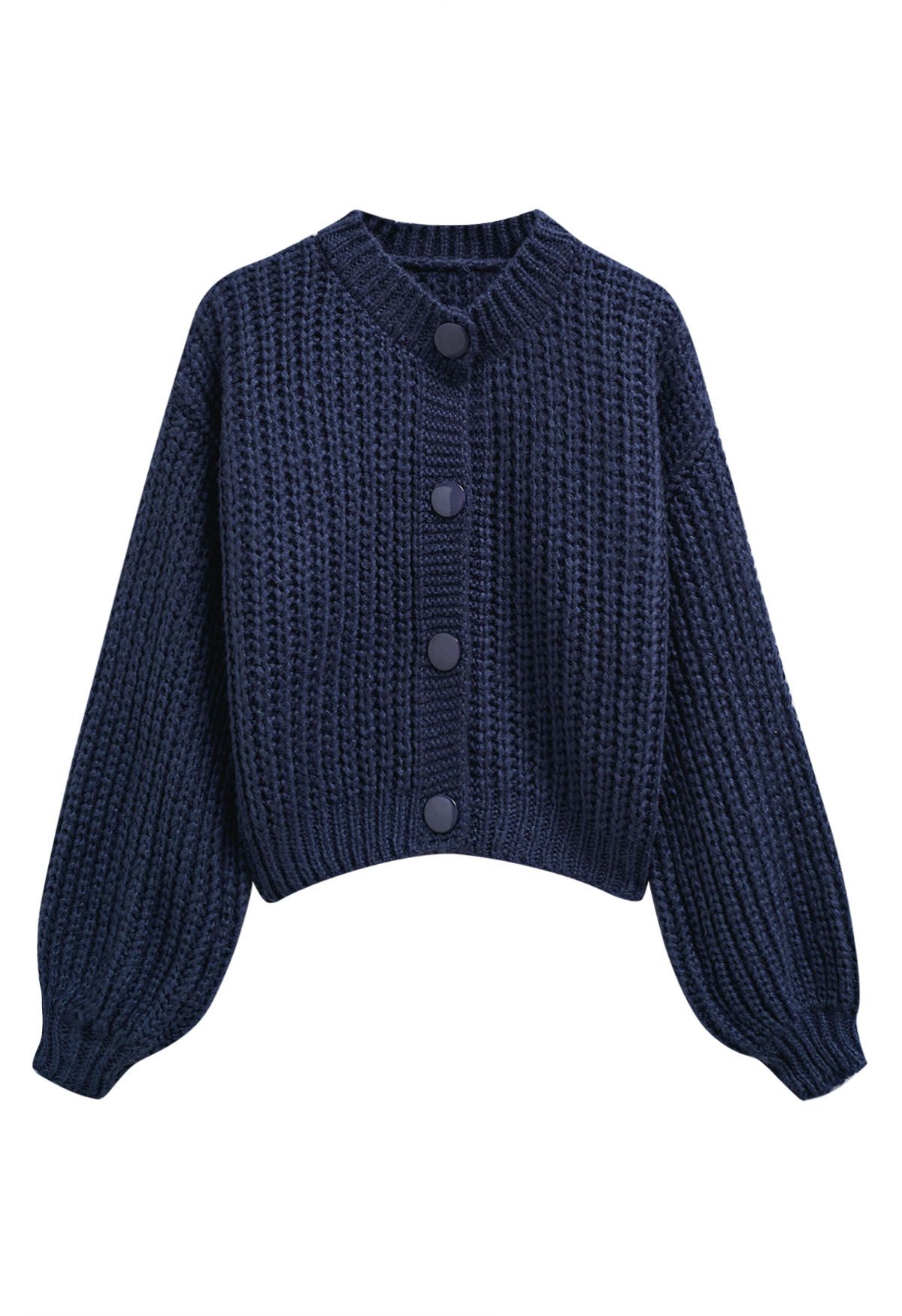 Kurze Strickjacke aus grobem Strick mit Puffärmeln und Knöpfen in Marine