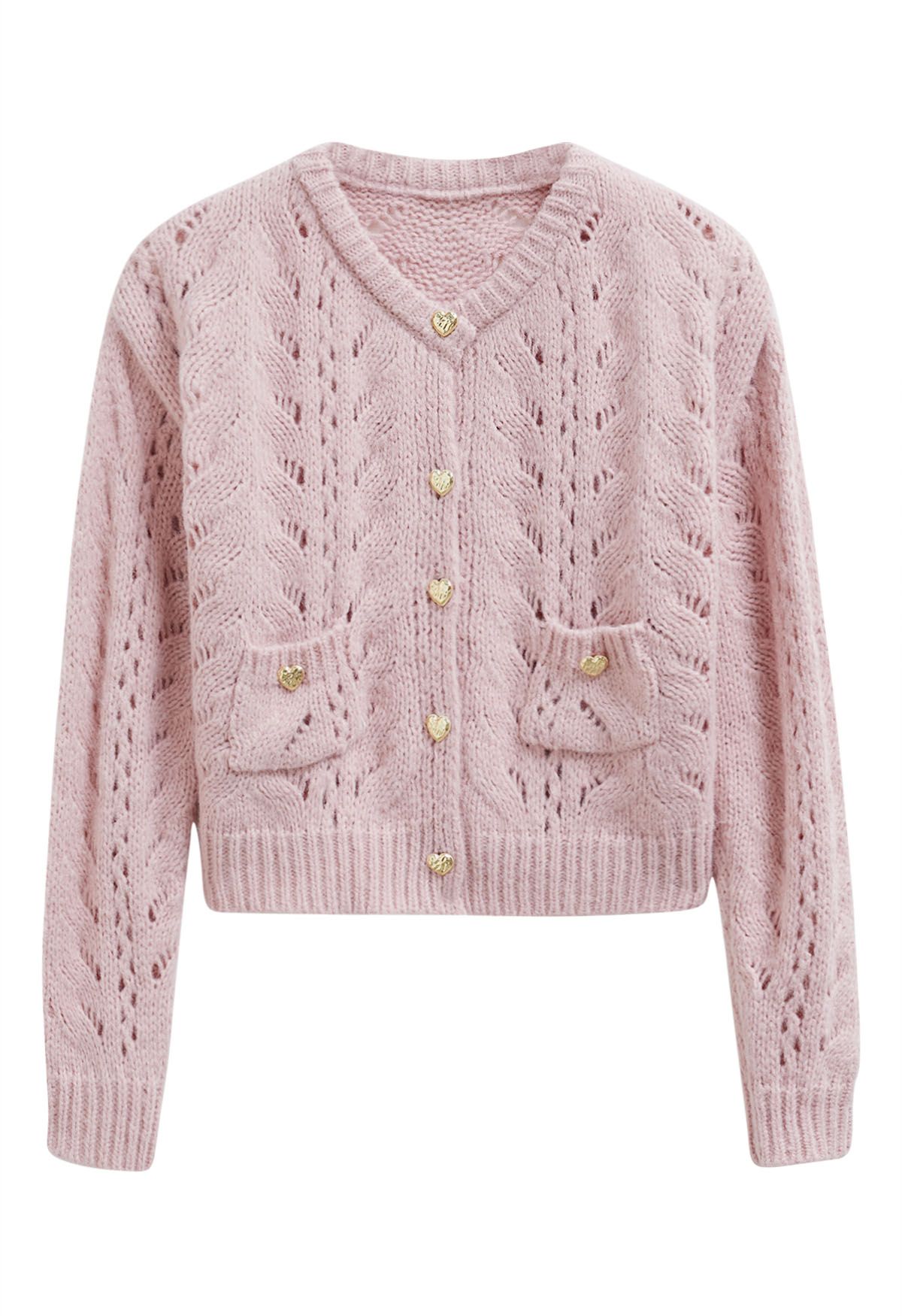 Kurze Strickjacke mit Herzknopf und Aussparung in Rosa