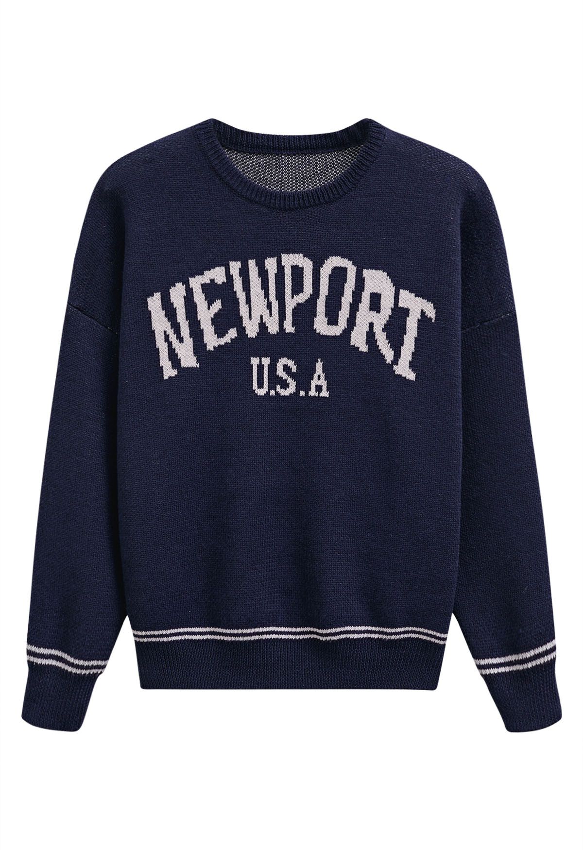 Übergroßer Strickpullover „Newport Letter“ mit Rundhalsausschnitt in Marine