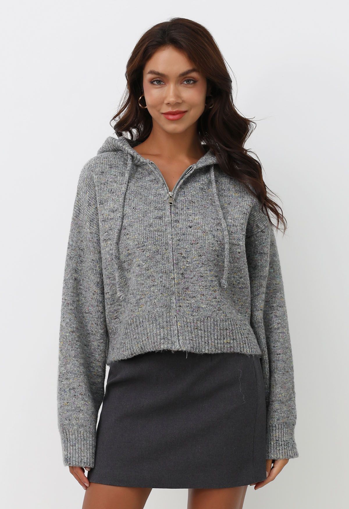 Konfetti-Strickjacke mit Reißverschluss und Kapuze, in Grau