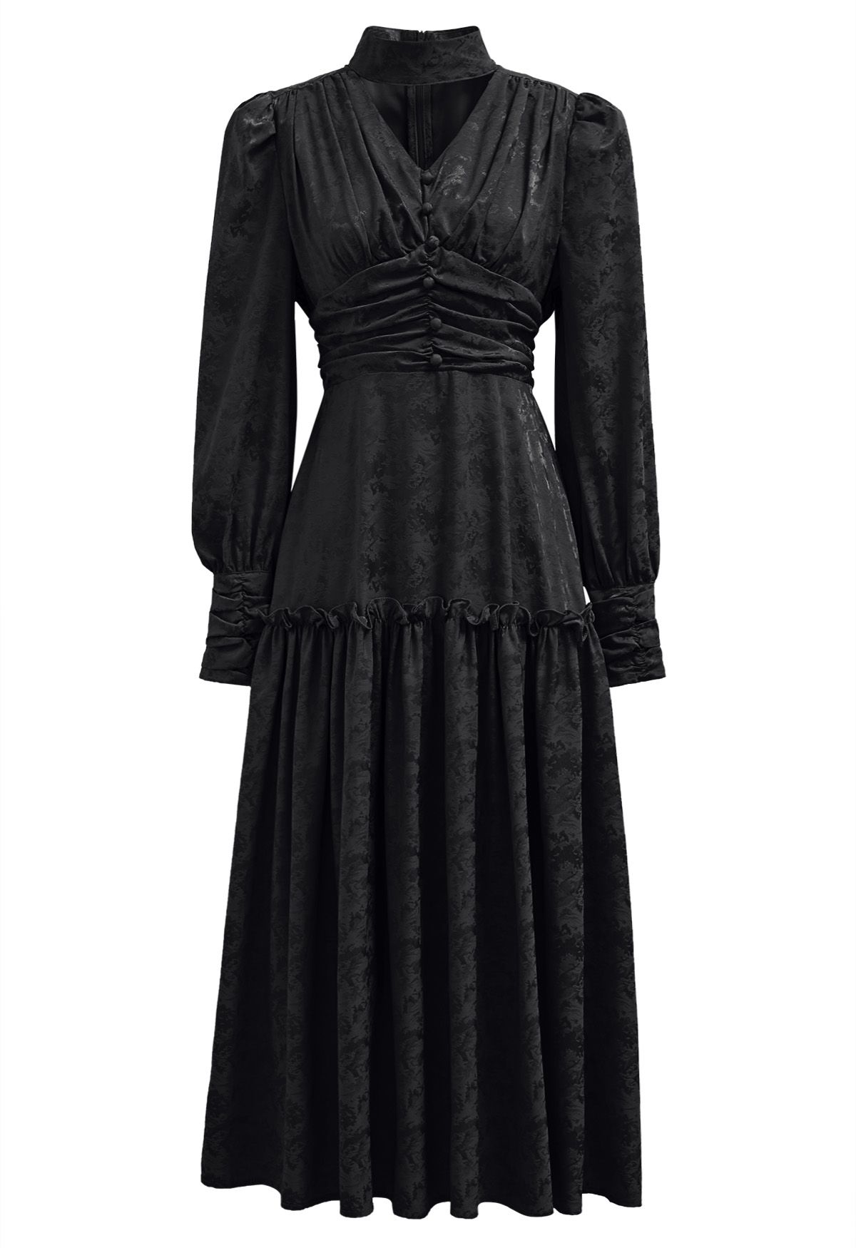 Schwarzes Jacquard-Midikleid mit V-Ausschnitt und gerüschter Taille