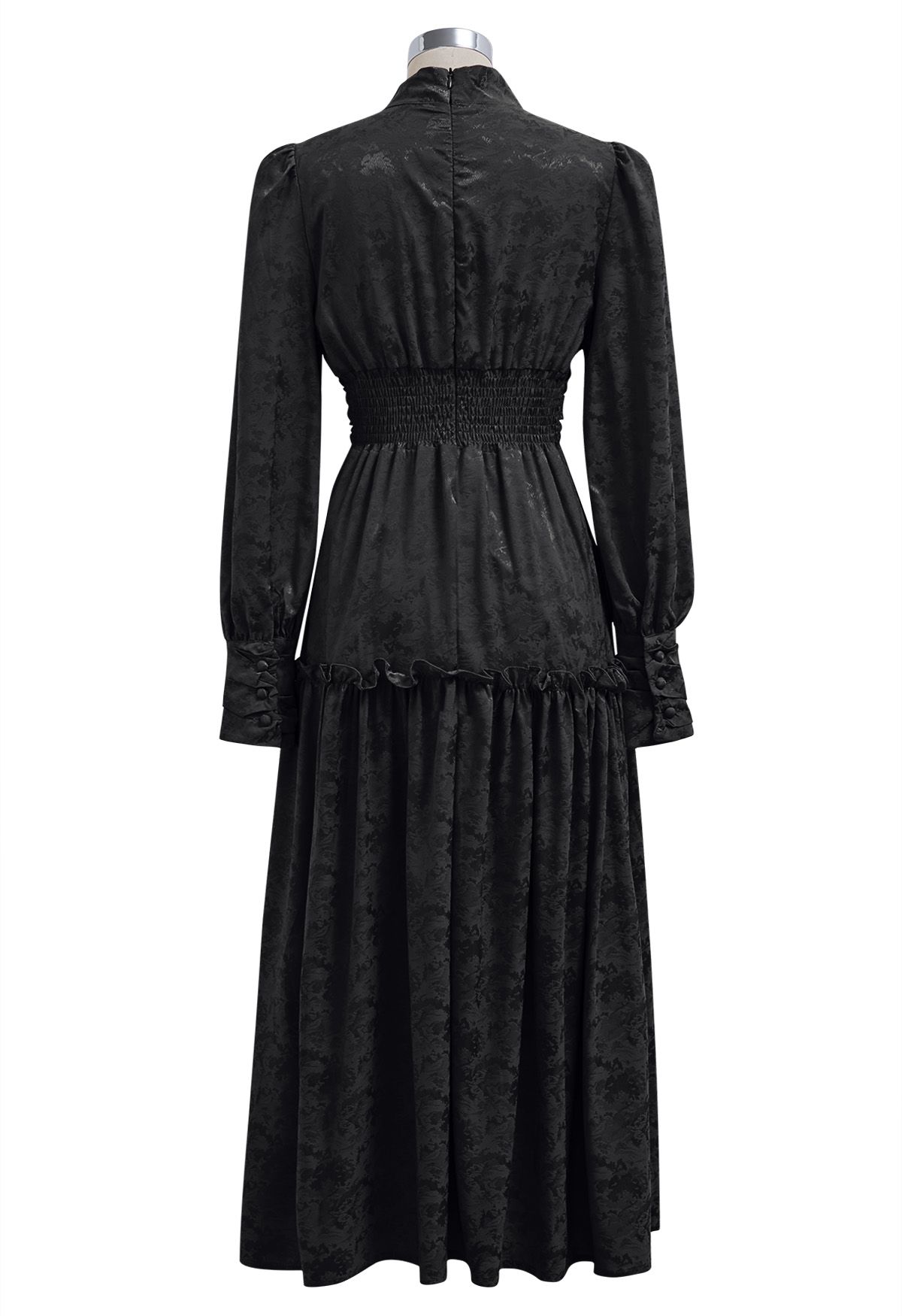 Schwarzes Jacquard-Midikleid mit V-Ausschnitt und gerüschter Taille