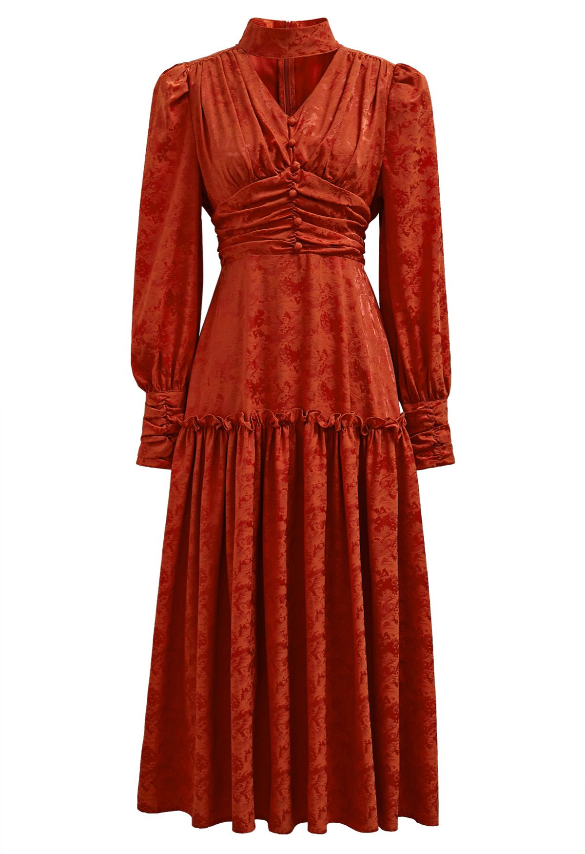 Jacquard-Midikleid mit Choker-V-Ausschnitt und gerüschter Taille in Orange