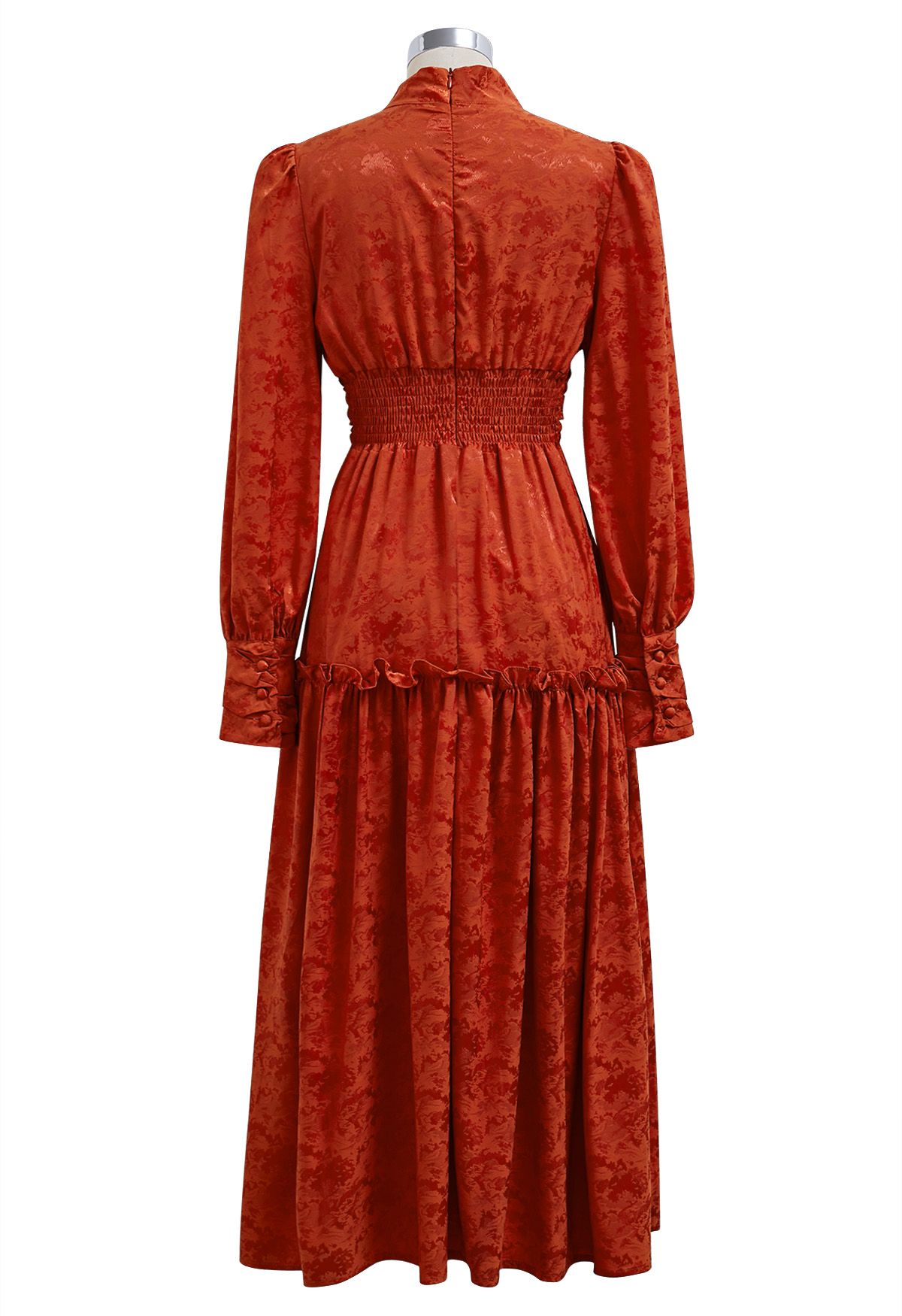 Jacquard-Midikleid mit Choker-V-Ausschnitt und gerüschter Taille in Orange