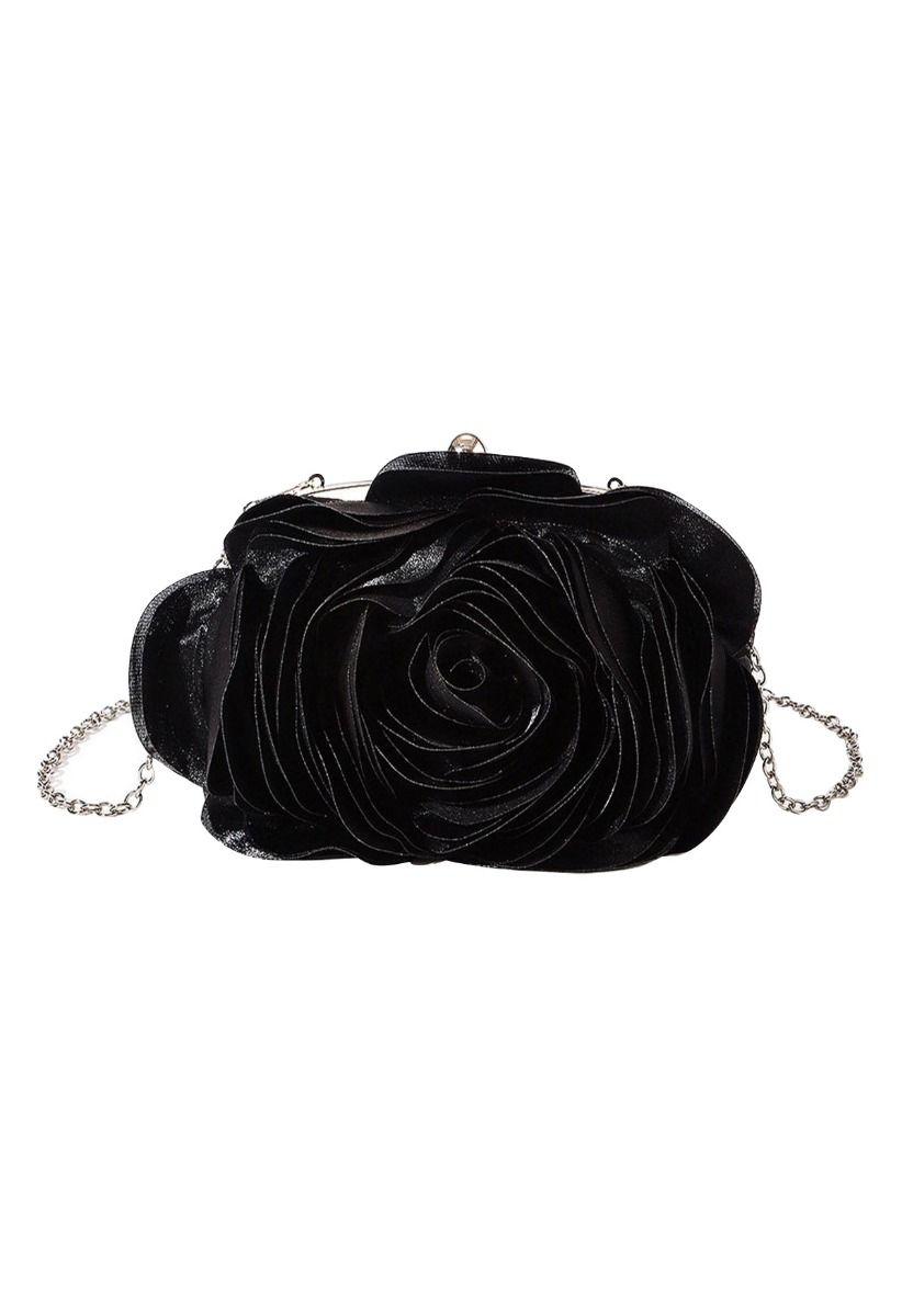 Clutch aus Satin mit 3D-Rosenblütenmotiv in Schwarz