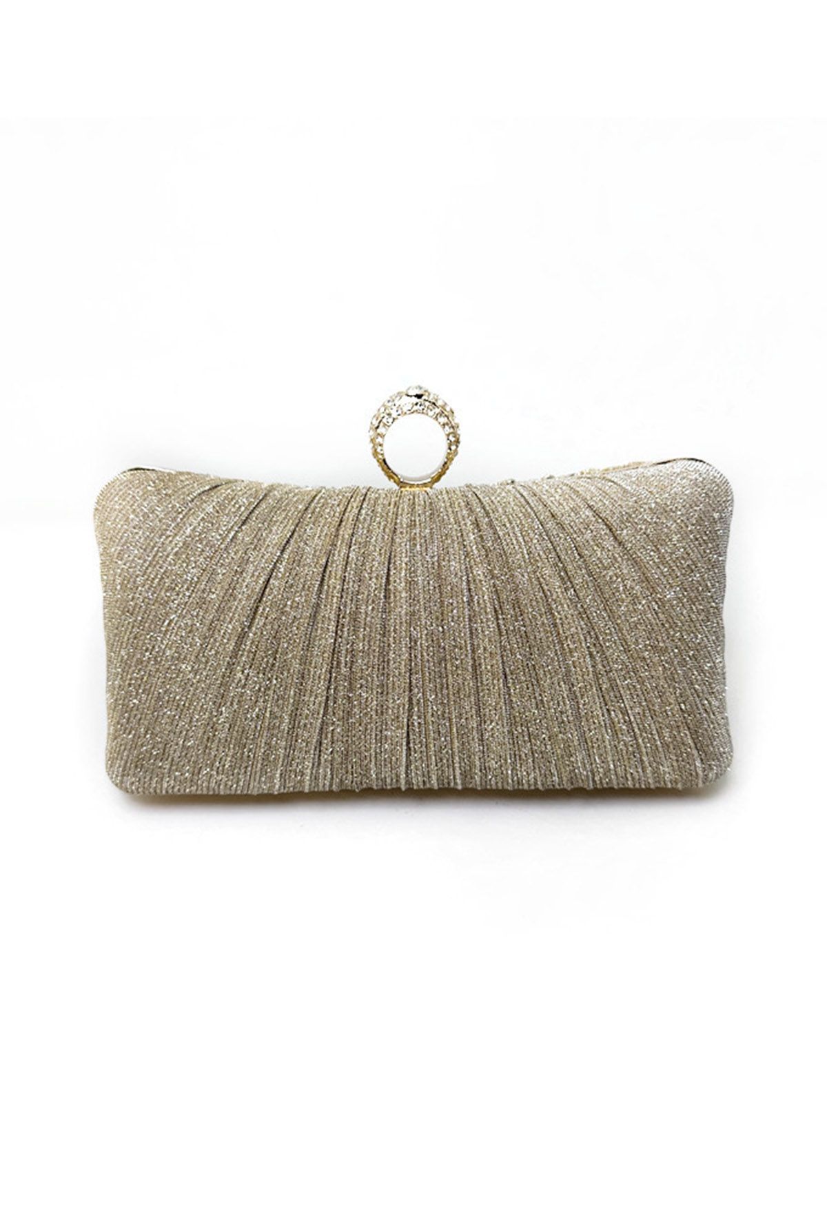 Verzierte, plissierte Clutch mit Strasssteinen in Champagner