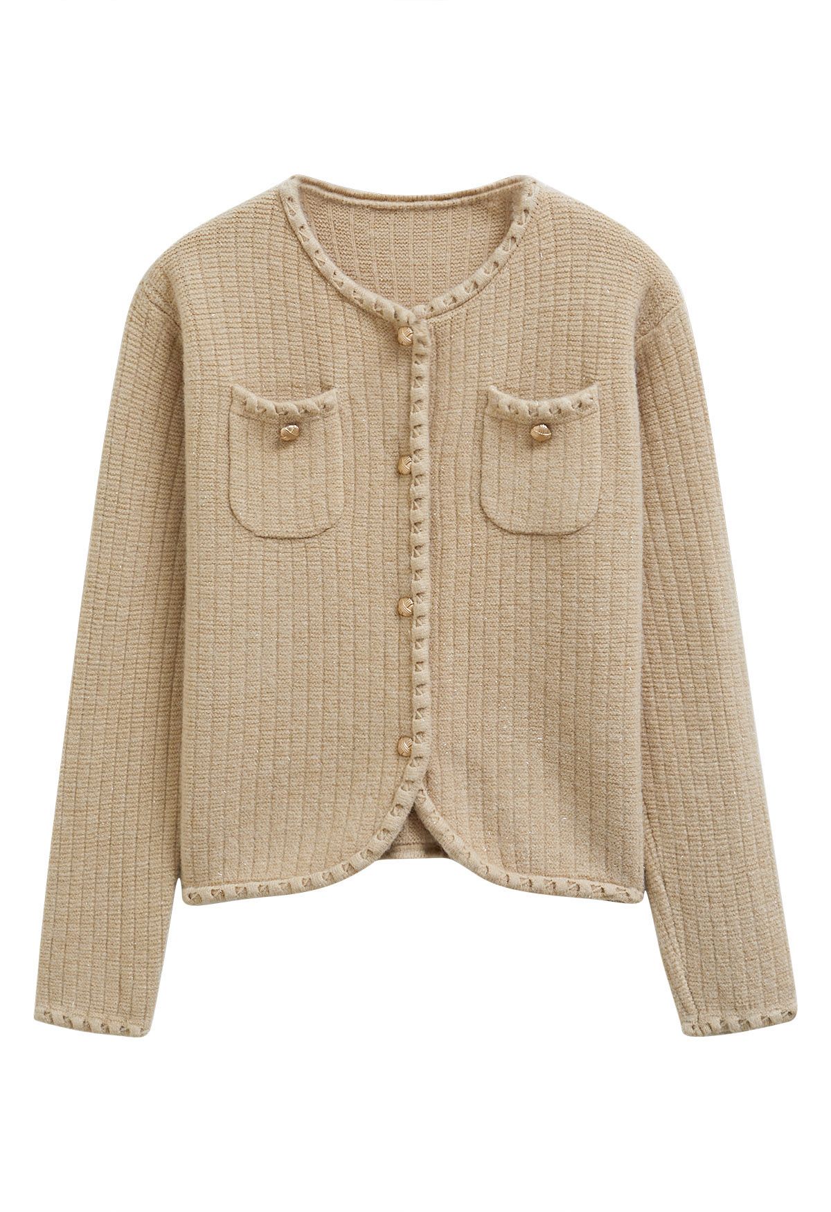 Glänzender, geknöpfter Strick-Cardigan mit Fransenbesatz in Camel