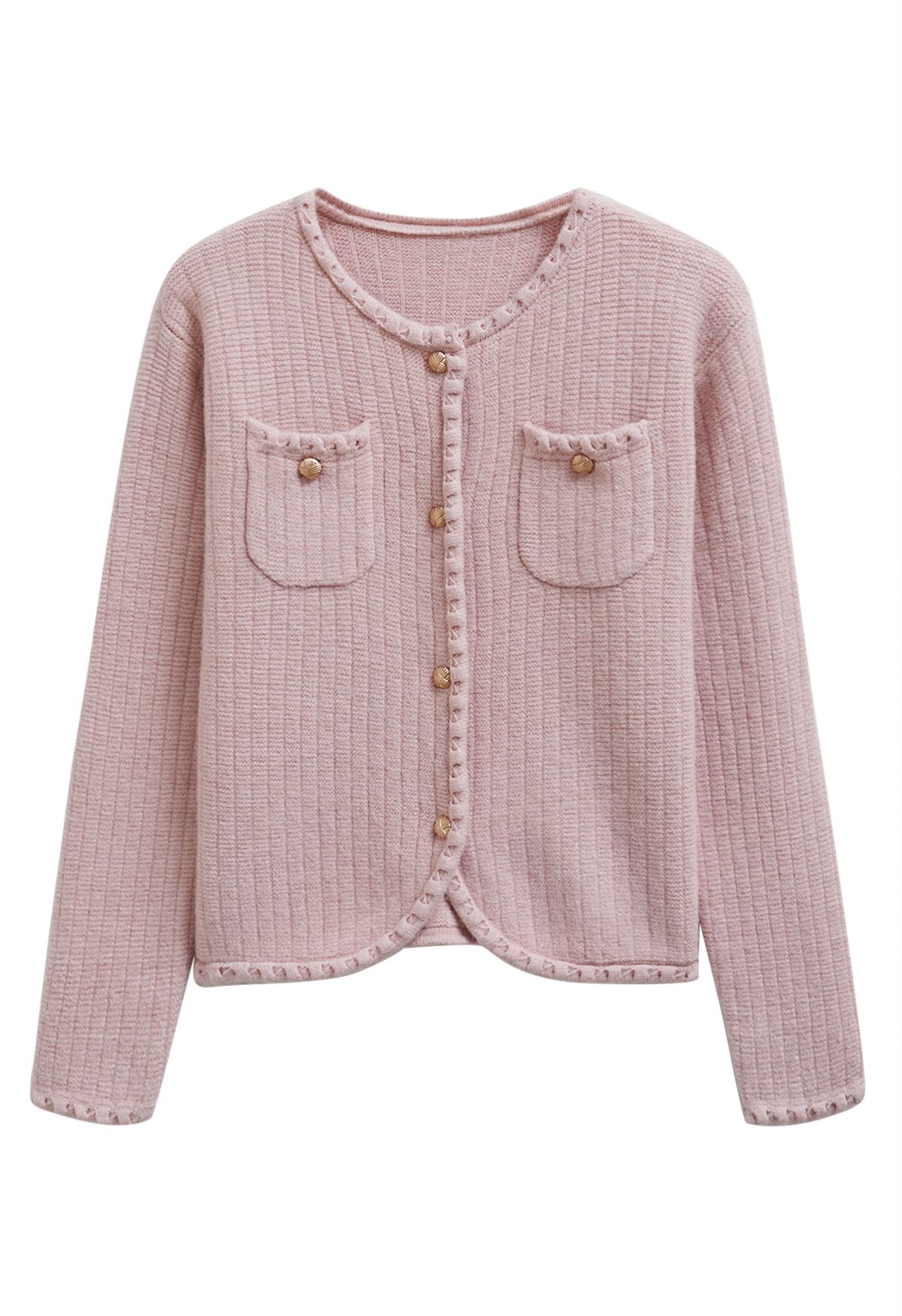 Glänzender Strick-Cardigan mit Fransenbesatz und Knöpfen in Rosa