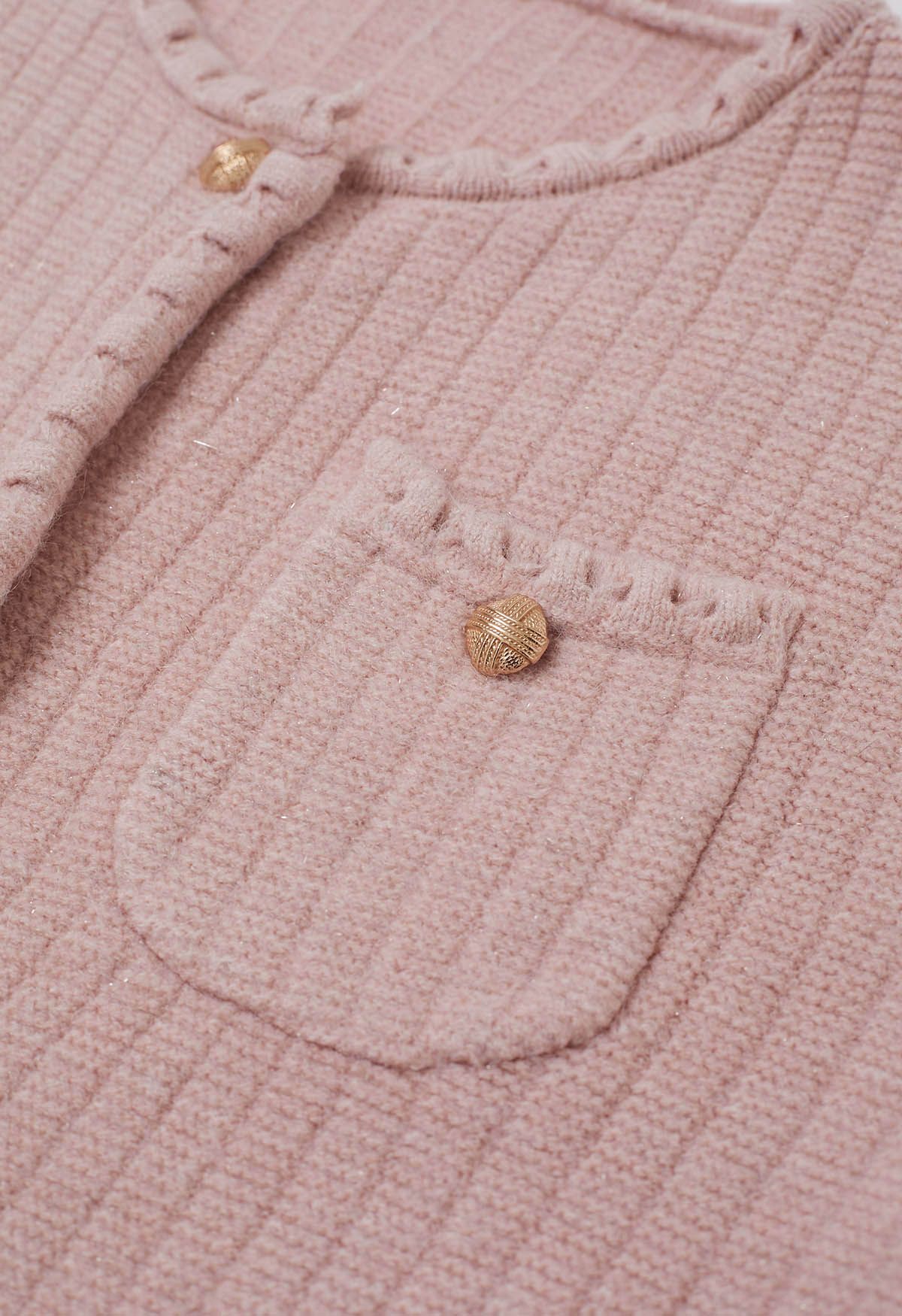 Glänzender Strick-Cardigan mit Fransenbesatz und Knöpfen in Rosa