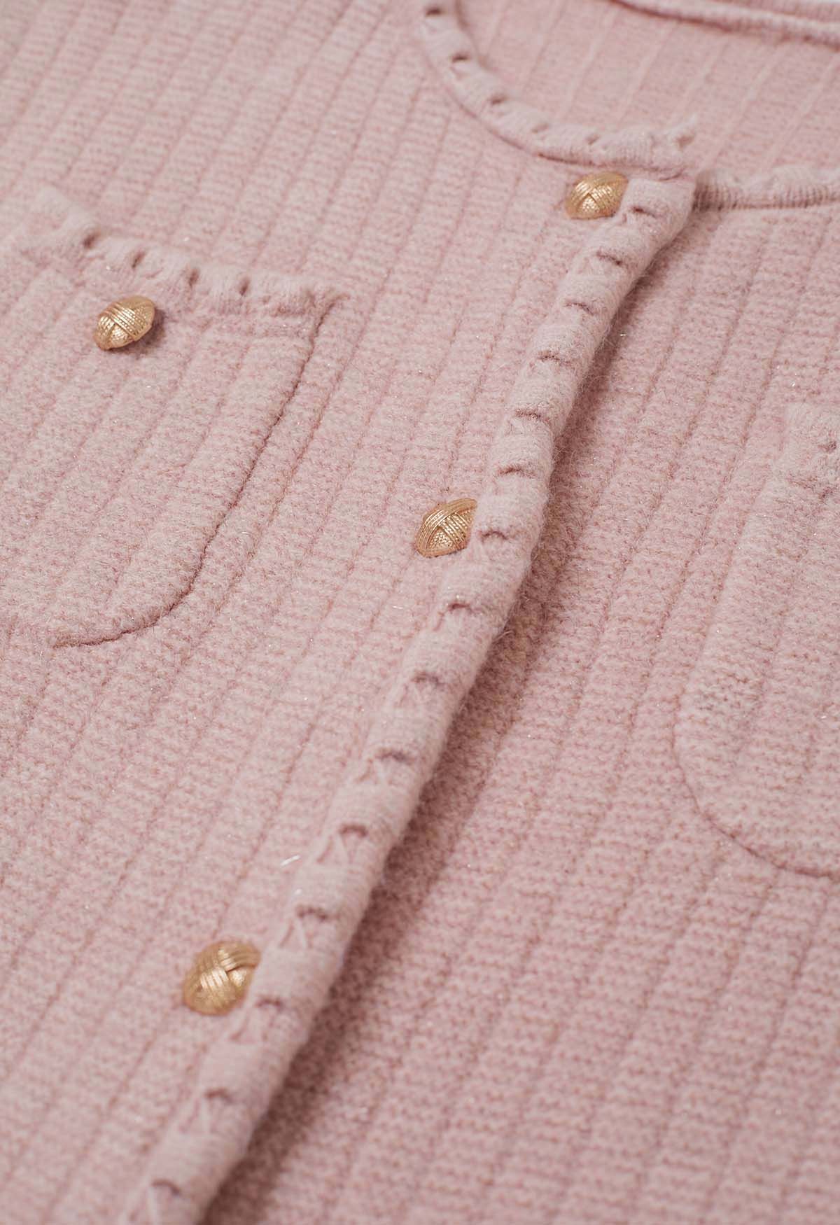 Glänzender Strick-Cardigan mit Fransenbesatz und Knöpfen in Rosa